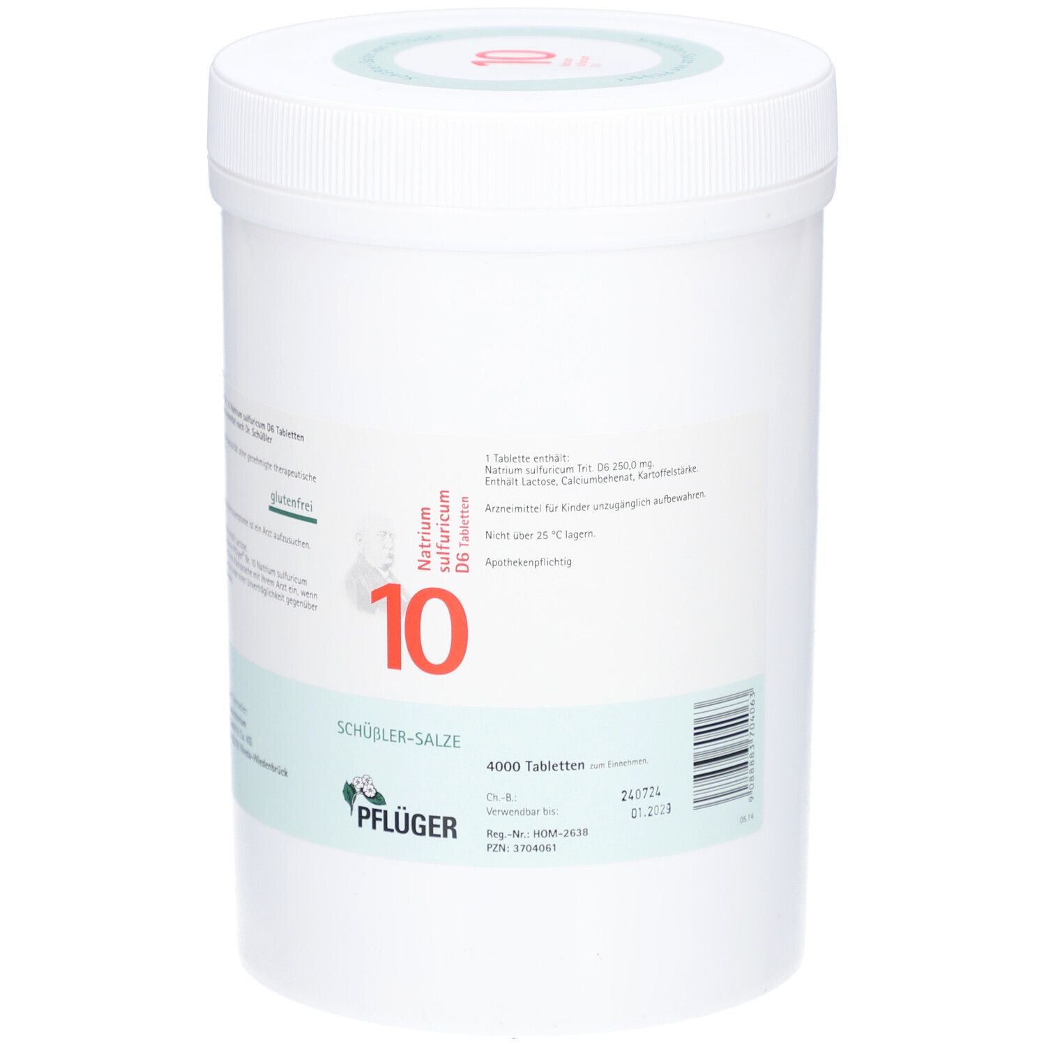 Weißer Behälter mit Schraubverschluss. Aufkleber mit Produktinformationen und Logo. Beschriftung: Natrium sulfuricum D6 Tabletten, 10, Pflüger.