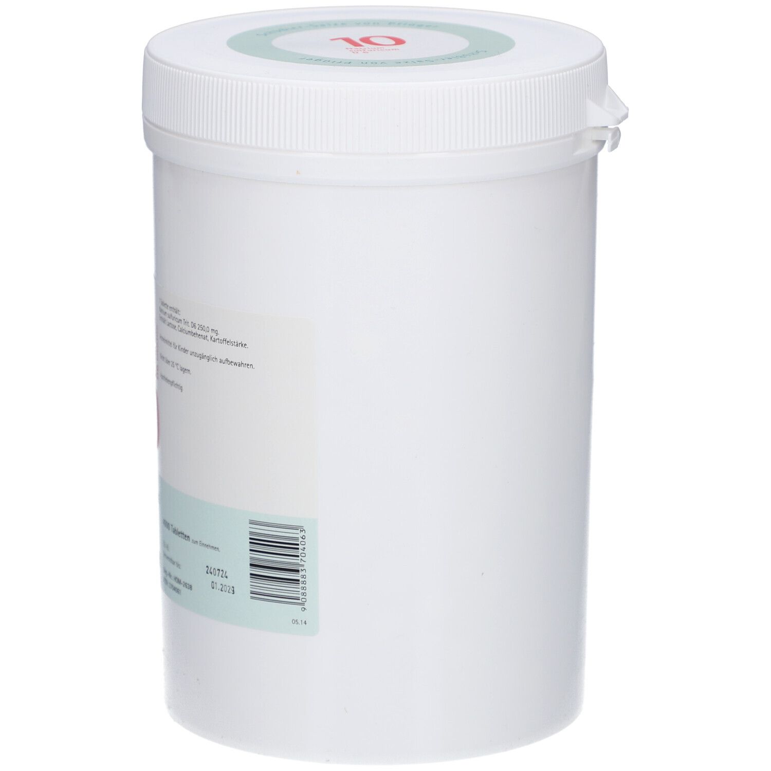 Weißer Behälter mit Schraubverschluss. Aufkleber mit Produktinformationen und Barcode. Logo und Schriftzug: Biochemie Pflüger, 10.