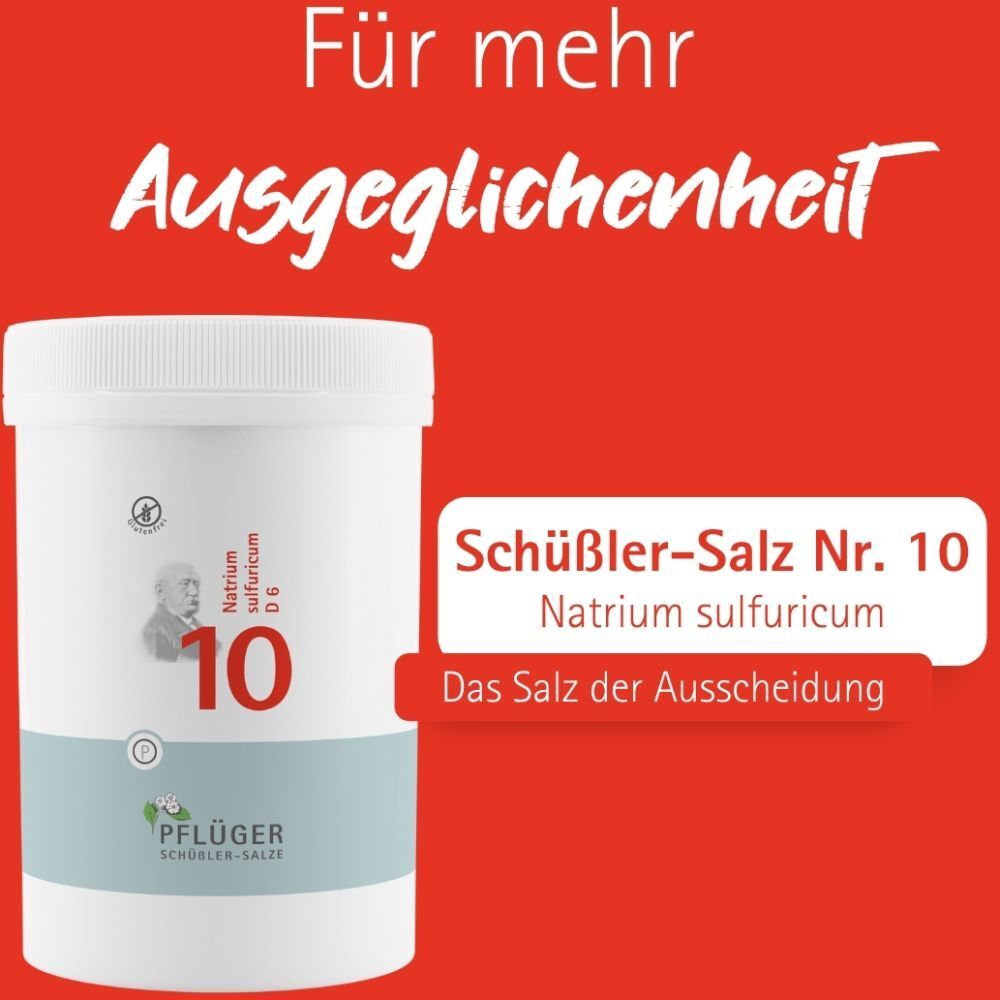 Produkt-Dose mit Text "Schüßler-Salz Nr. 10 Natrium sulfuricum". Text: "Das Salz der Ausscheidung".