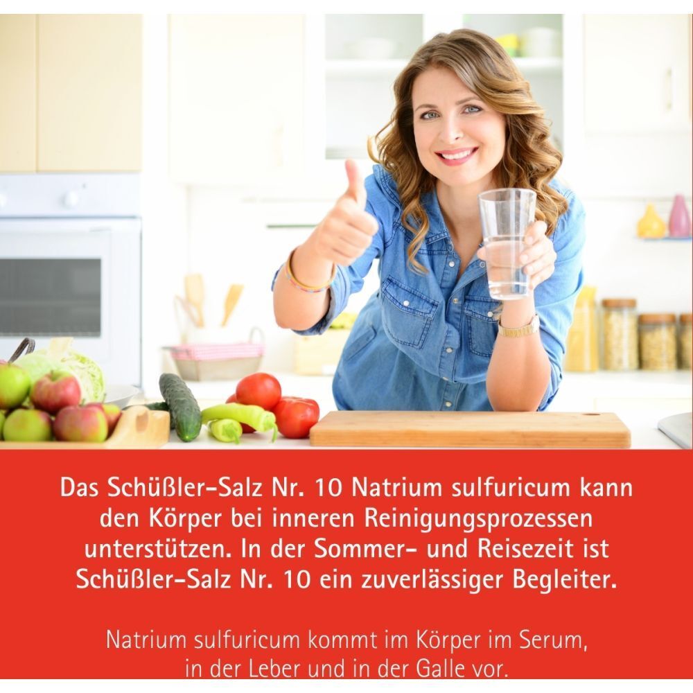 Frau mit Glas Wasser und Gemüse. Text: "Schüßler-Salz Nr. 10 Natrium sulfuricum kann...unterstützen".