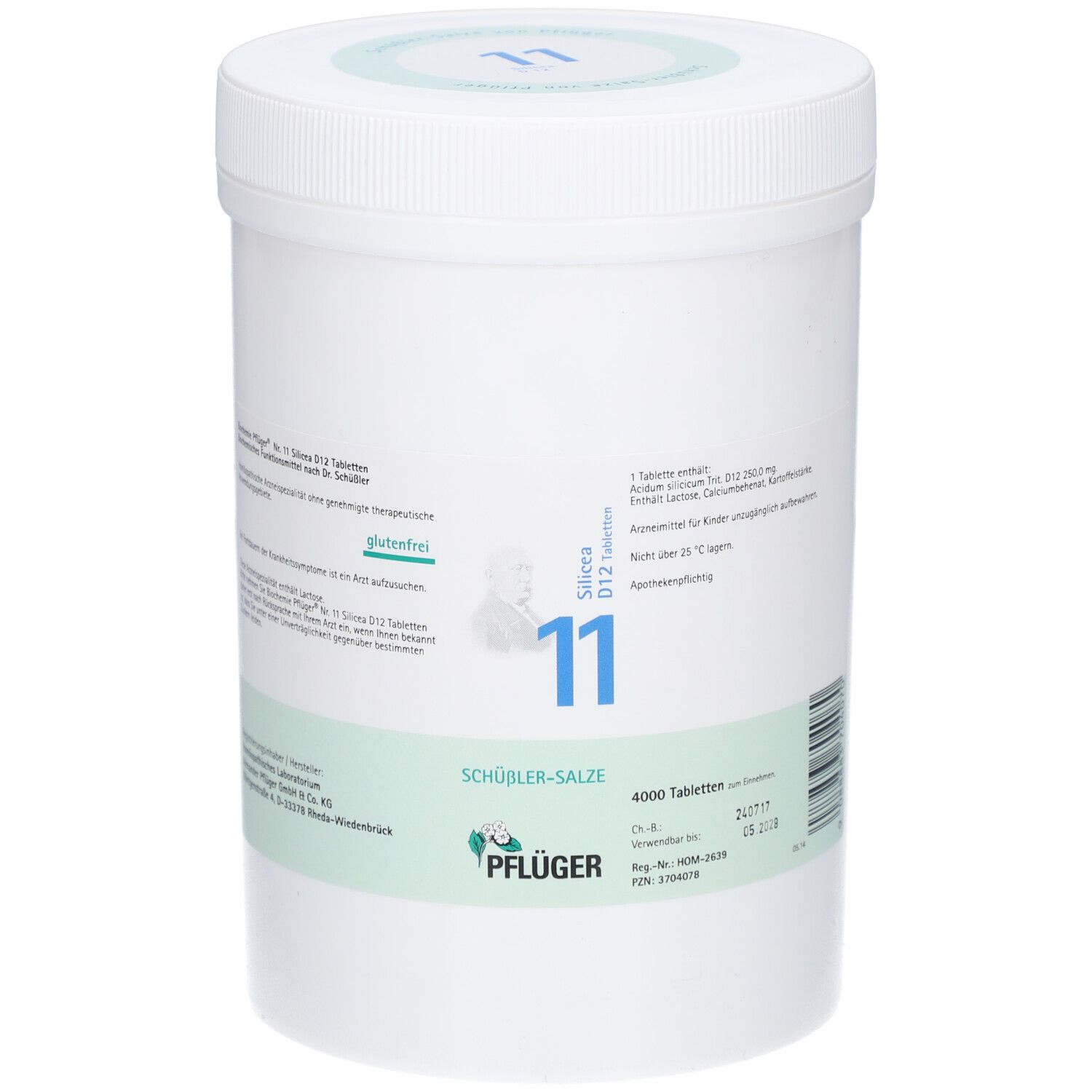 Weißer Behälter mit blauem Aufdruck "11" und Text. Aufschrift "Schüßler-Salze" und "Pflüger". Enthält 4000 Tabletten.