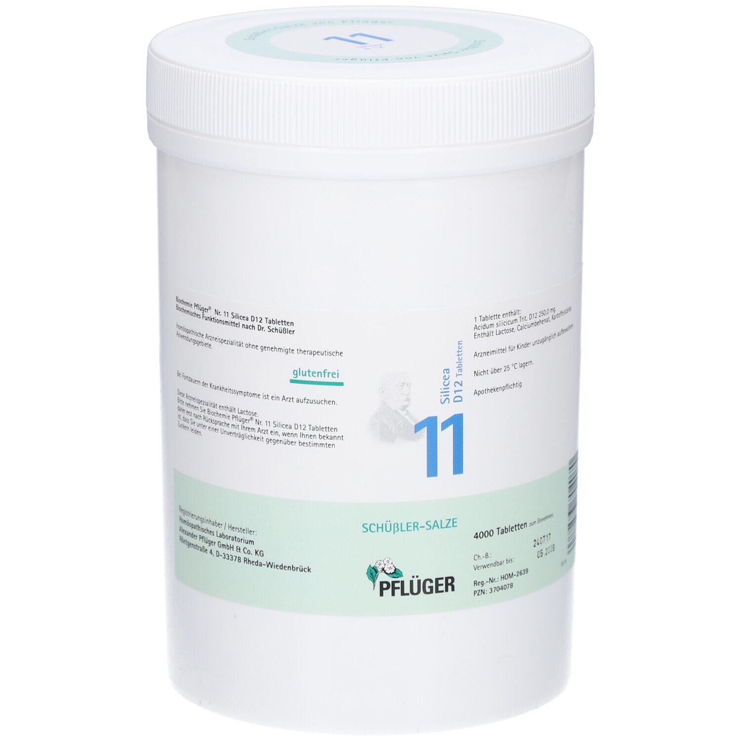 Weißer Behälter mit blauem Aufdruck "11" und Text. Aufschrift "Schüßler-Salze" und "Pflüger". Enthält 4000 Tabletten.