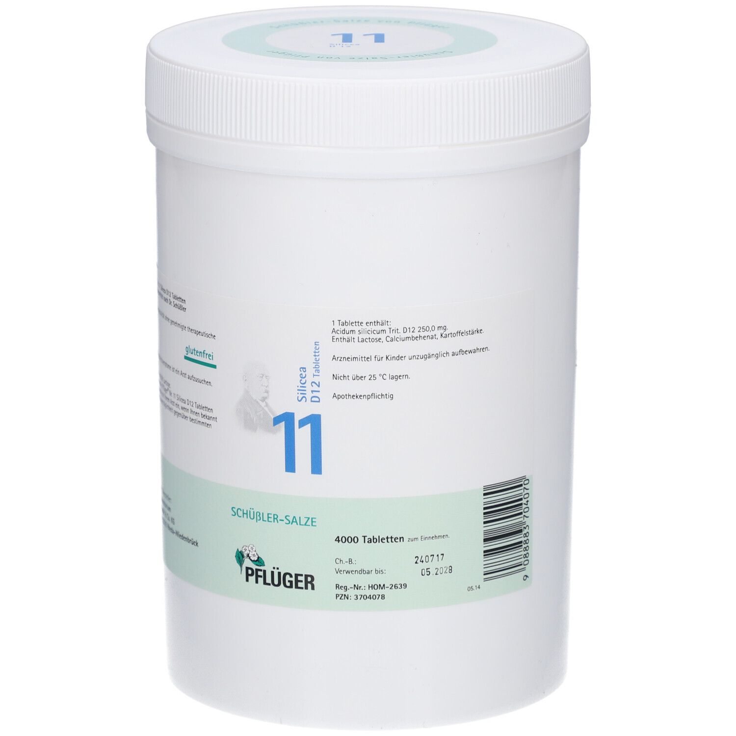 Weißer Behälter mit blauem Aufdruck "11" und Text. Aufschrift "Schüßler-Salze" und "Pflüger". Enthält 4000 Tabletten.