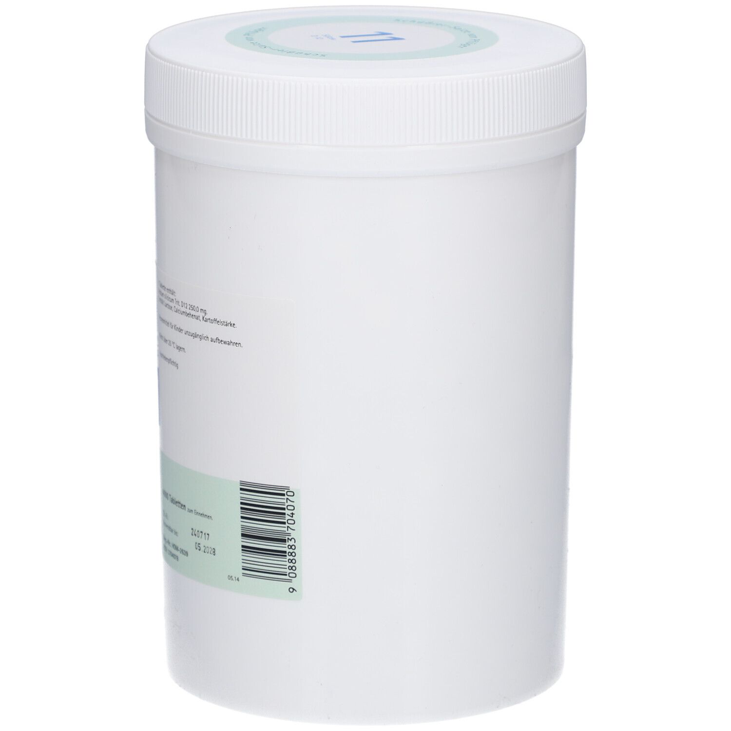Weißer Behälter mit Deckel. Barcode und Text auf grünem Hintergrund. Marke "Pflüger" sichtbar. Homöopathisches Arzneimittel.