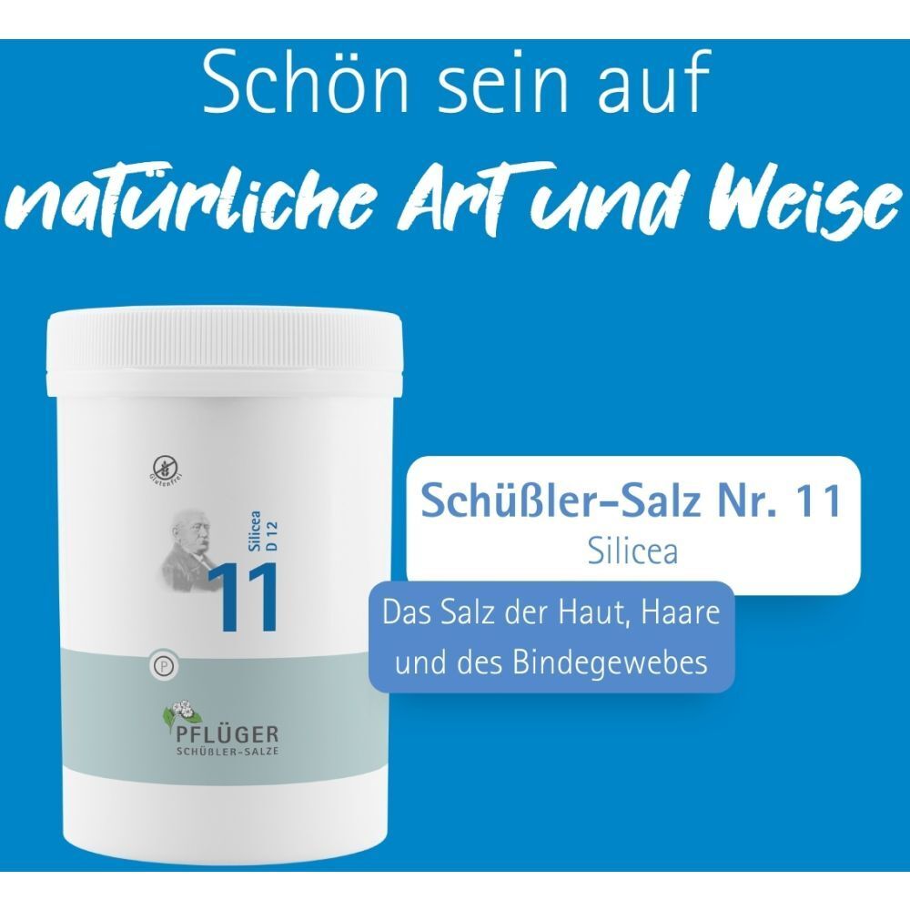 Produktpackung mit Text: Schüßler-Salz Nr. 11 Silicea. Text auf blauem Hintergrund. Produkt daneben.