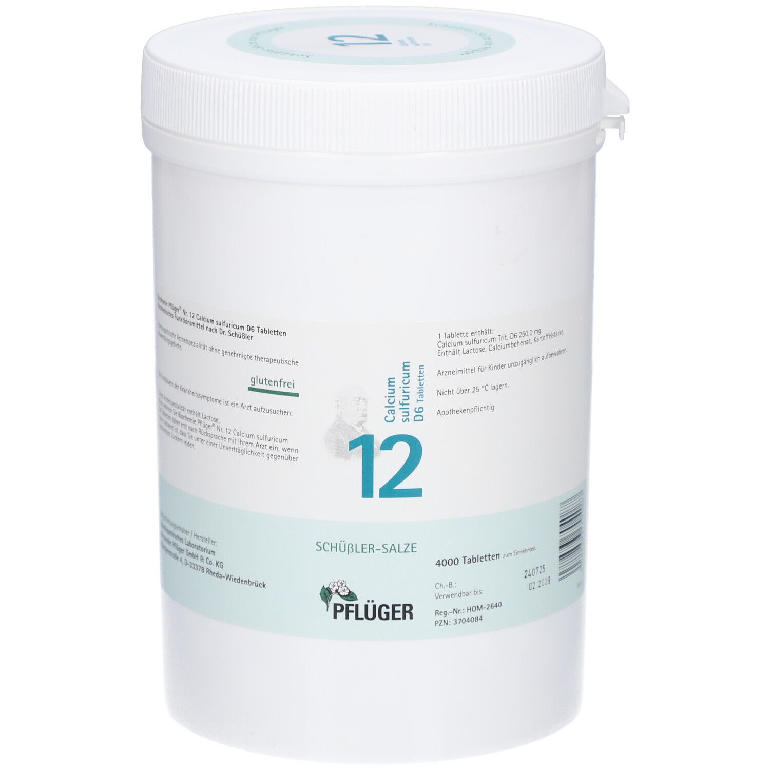 Weißer, zylindrischer Behälter mit Deckel. Aufschrift: 12, Calcium sulfuricum D6, SCHÜSSLER-SALZE, glutenfrei. Logo: Pflüger.