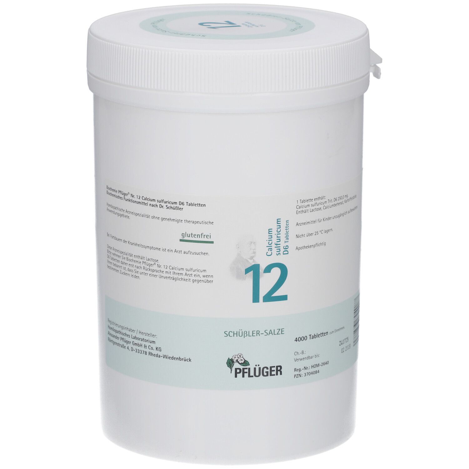 Weißer, zylindrischer Behälter mit Deckel. Aufschrift: 12, Calcium sulfuricum D6, SCHÜSSLER-SALZE, glutenfrei. Logo: Pflüger.