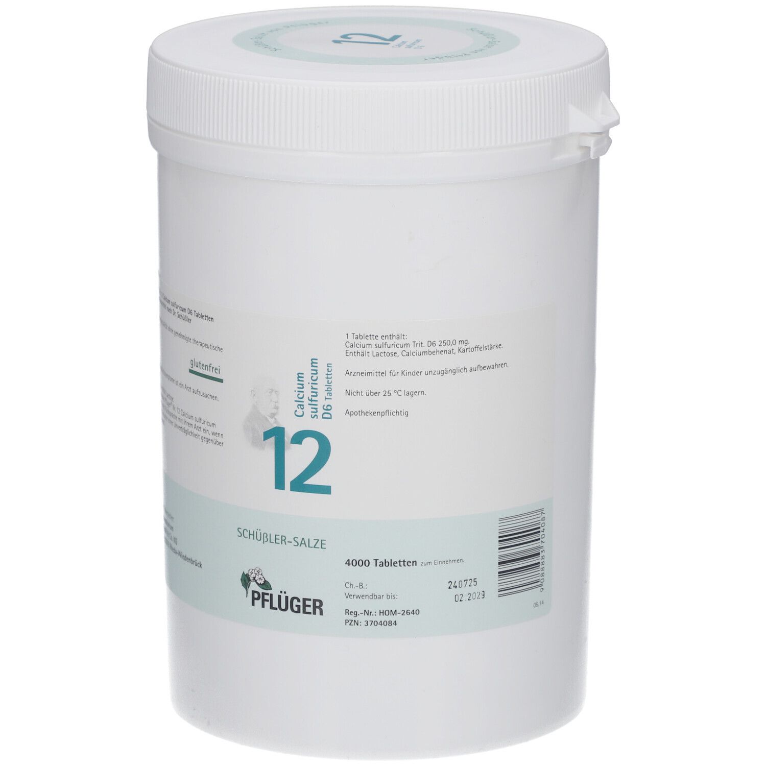 Weißer, zylindrischer Behälter mit Deckel. Aufschrift: 12, Calcium sulfuricum D6, SCHÜSSLER-SALZE. Logo: Pflüger. 4000 Tabletten.