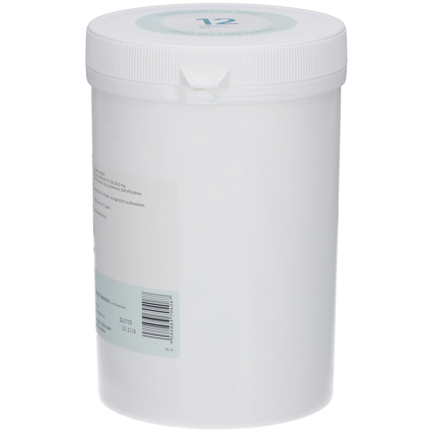 Weißer, zylindrischer Behälter mit Deckel. Barcode und Text auf der Seite. Aufschrift: 12, Calcium sulfuricum D6.