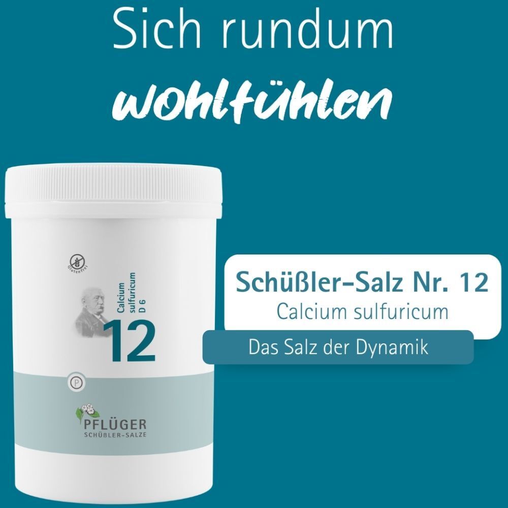 Weißer Behälter mit Aufschrift "Schüßler-Salz Nr. 12 Calcium sulfuricum D6". Logo und Text "Pflüger Schüßler-Salze".