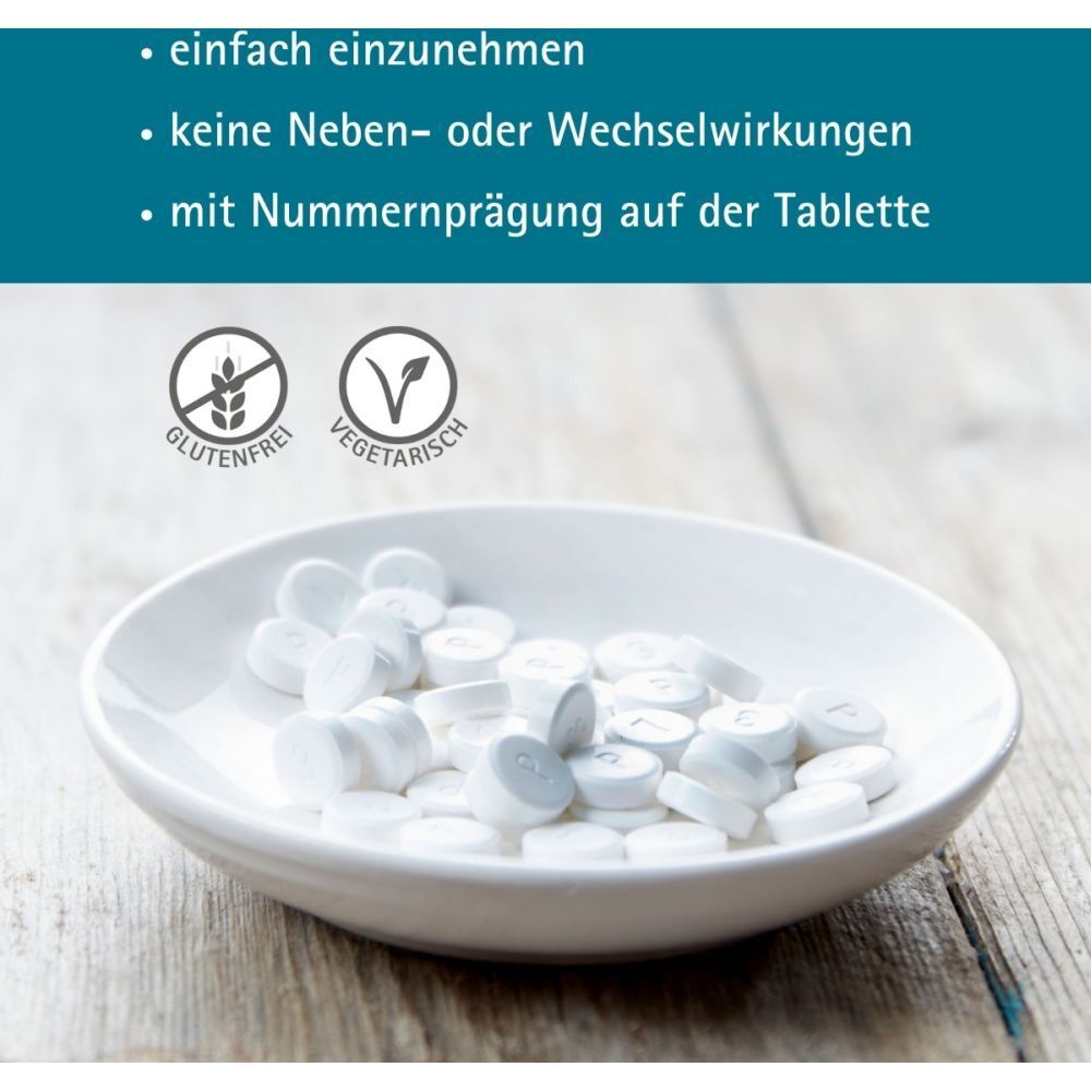Tabletten in Schale. Text: einfach einzunehmen, keine Nebenwirkungen, mit Nummerprägung. Glutenfrei, vegetarisch.