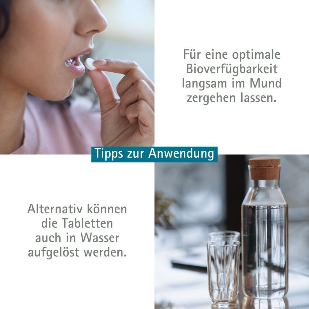 Frau nimmt Tablette. Text: Für optimale Bioverfügbarkeit langsam im Mund zergehen lassen. Alternativ in Wasser auflösen.