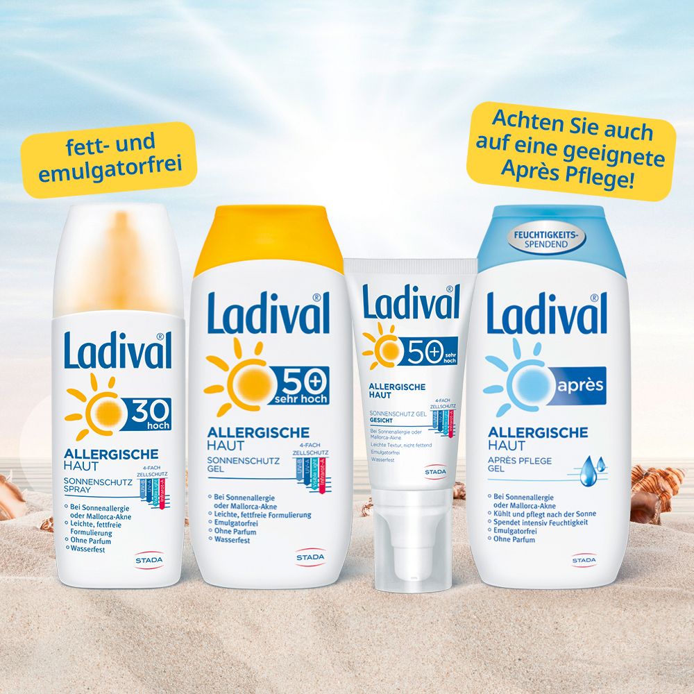 Produktreihe Ladival. Flaschen und Tuben. Text: Allergische Haut, Sonnenschutz, Après Pflege. Fett- und emulgatorfrei.