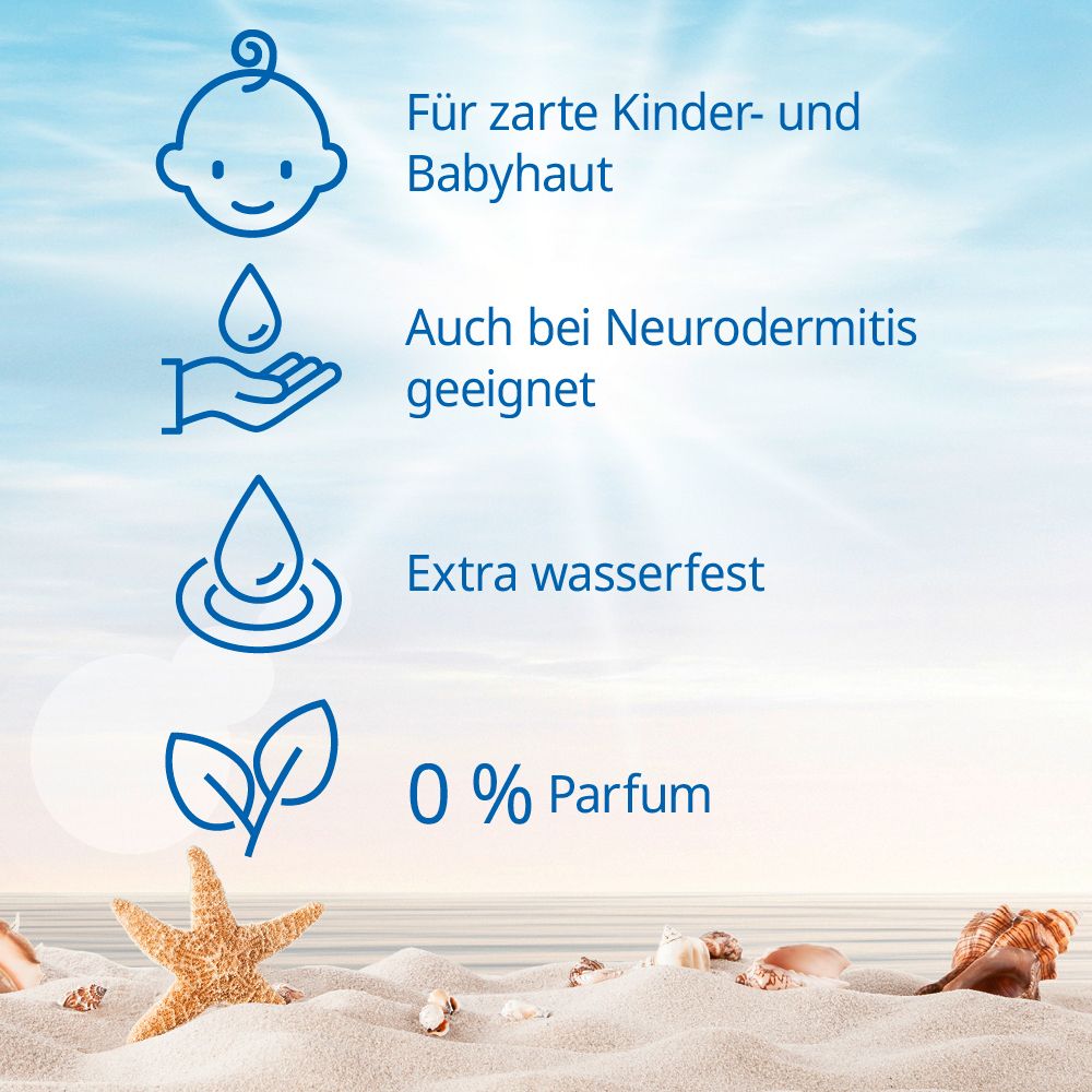 Grafik mit Symbolen. Für zarte Kinder- und Babyhaut. Auch bei Neurodermitis geeignet. Extra wasserfest. 0% Parfum. Strandhintergrund.