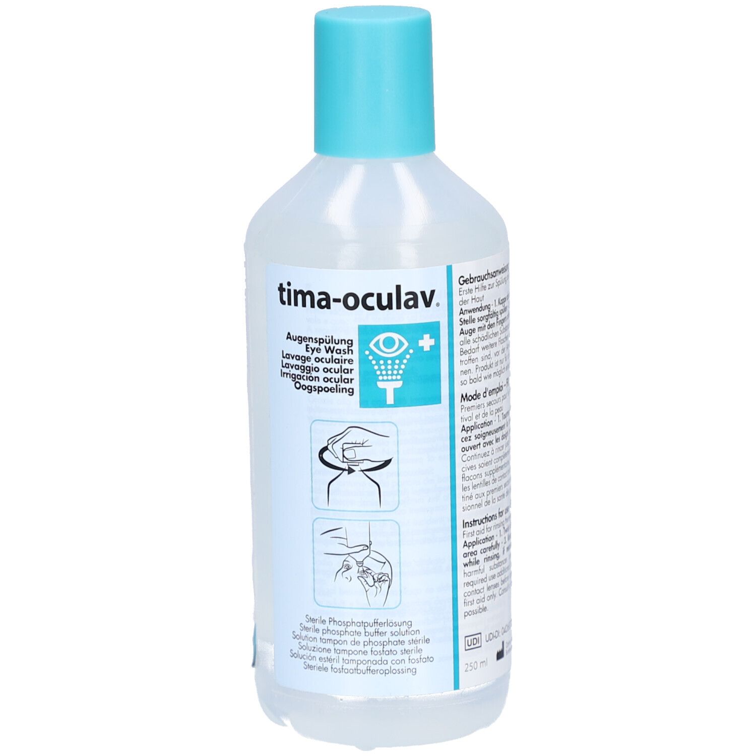 Flasche mit blauem Deckel. Beschriftung: tima-oculav, Augenspülung, Eye Wash, Lavaggio oculare, Oogspoeling. Illustrationen zur Anwendung.