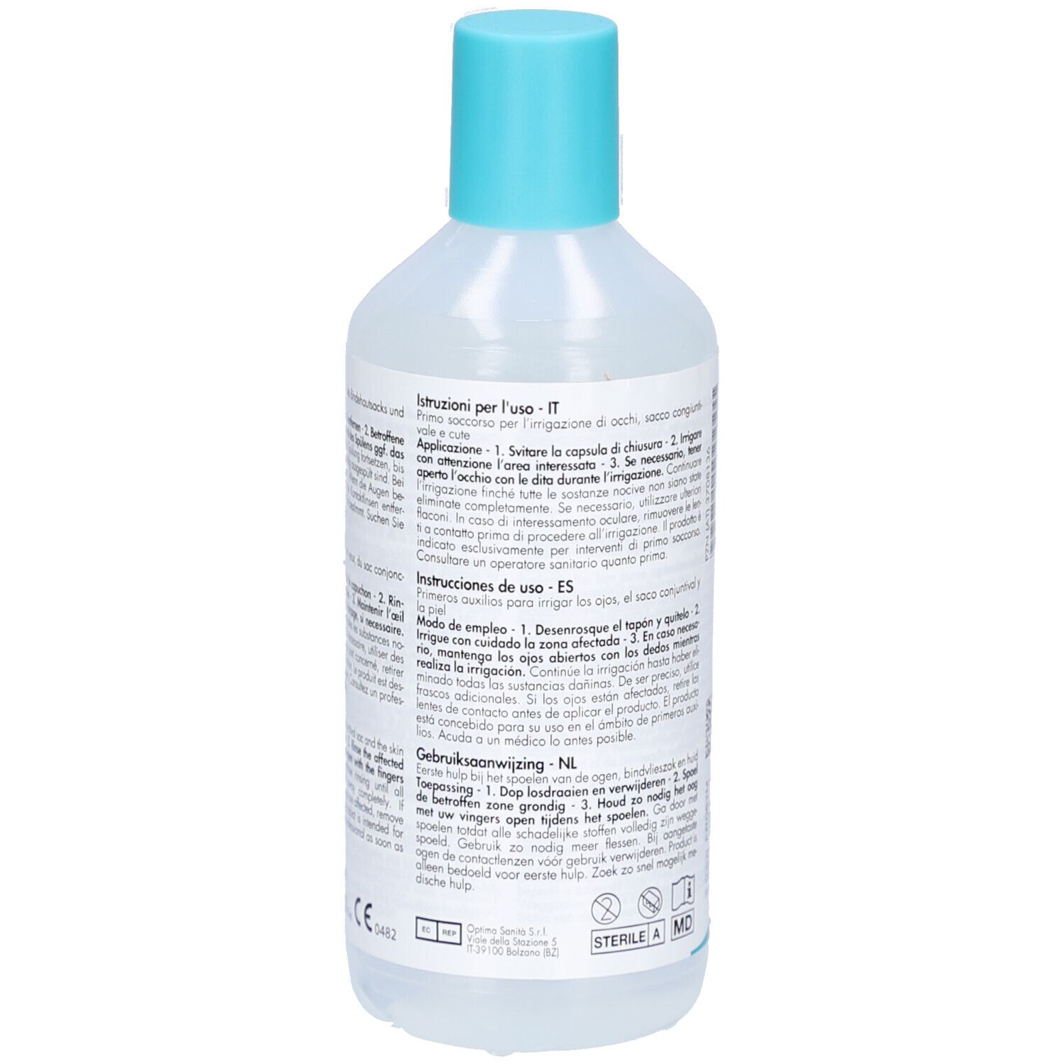 Rückseite der Flasche mit blauem Deckel. Gebrauchsanweisung in verschiedenen Sprachen. Beschriftung: tima-oculav, Augenspülung, Eye Wash, Lavaggio oculare, Oogspoeling.