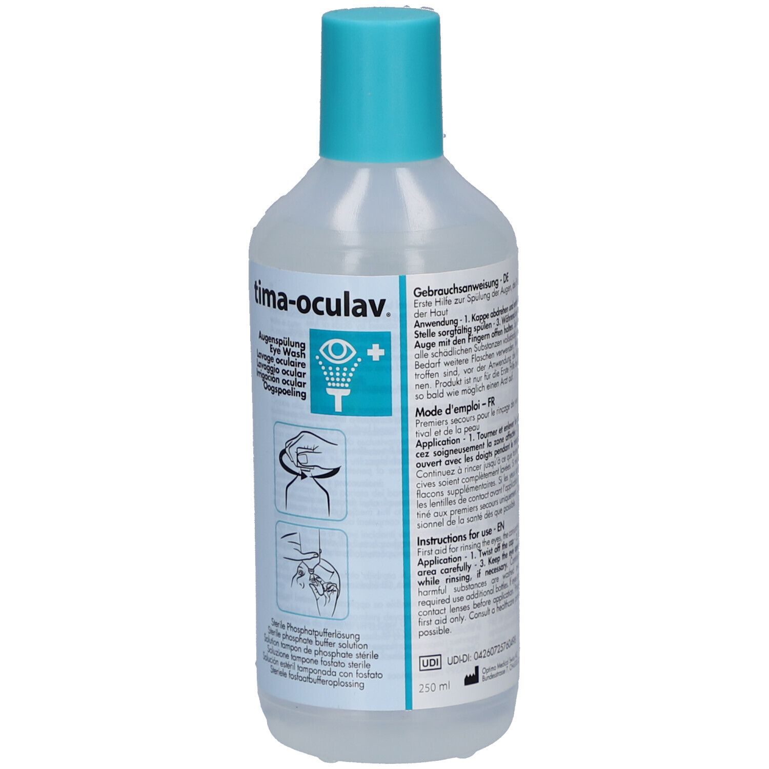 Flasche mit blauem Deckel. Beschriftung: tima-oculav, Augenspülung, Eye Wash, Lavaggio oculare, Oogspoeling. Gebrauchsanweisung.