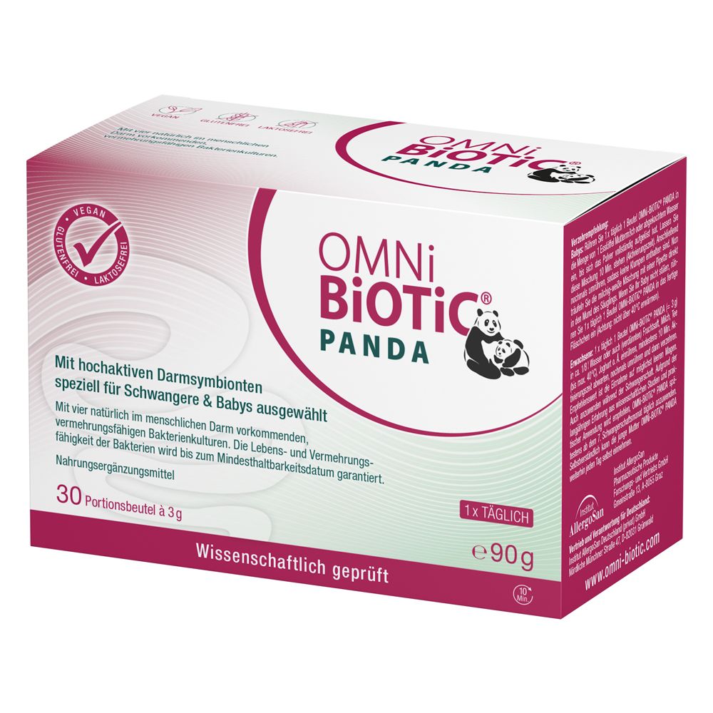 OMNI-BIOTIC® Panda Kartonverpackung mit 30 Beuteln à 3g. Enthält 90g. Wissenschaftlich geprüft.