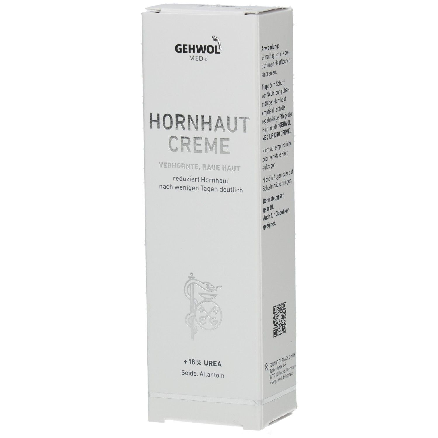 Weiße Faltschachtel mit Produktnamen und Logo. Text: Hornhaut Creme, 18% Urea. Apotheken-Symbol.