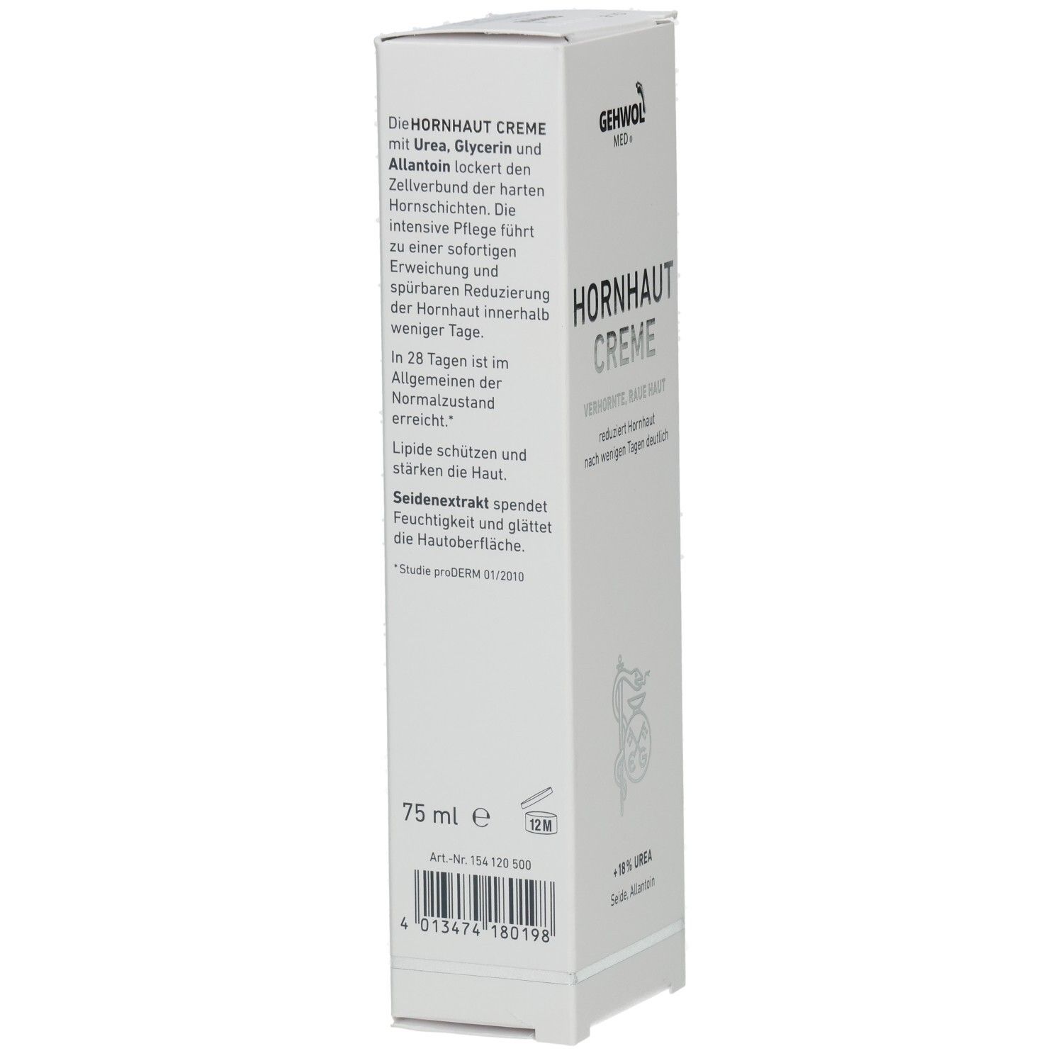 Rückseite der Faltschachtel. Text: Hornhaut Creme, 75 ml. Inhaltsstoffe, Herstellerinformationen, Barcode.