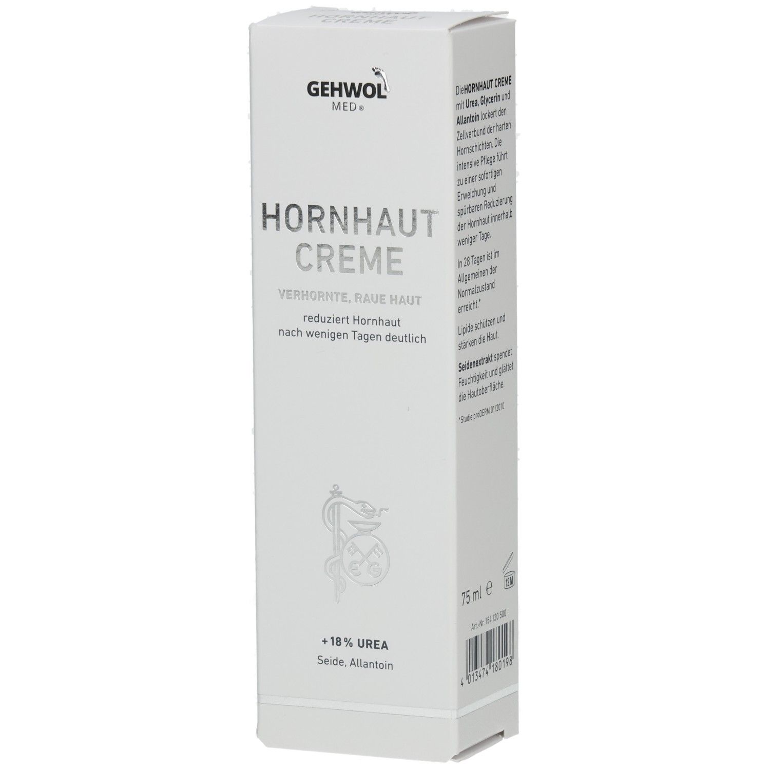 Faltschachtel, leicht schräg. Produktname und Logo. Text: Hornhaut Creme, 18% Urea. Apotheken-Symbol.