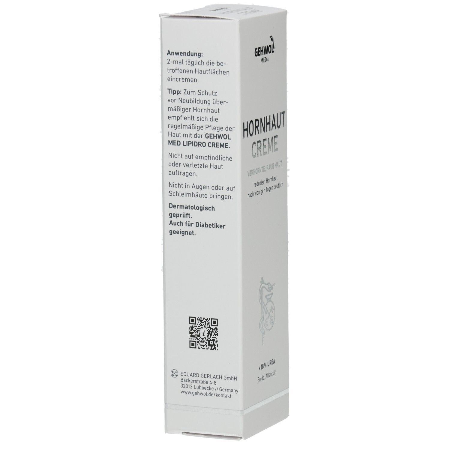 Faltschachtel, Seite mit Anwendungshinweisen. Text: Hornhaut Creme, dermatologisch geprüft, für Diabetiker geeignet.