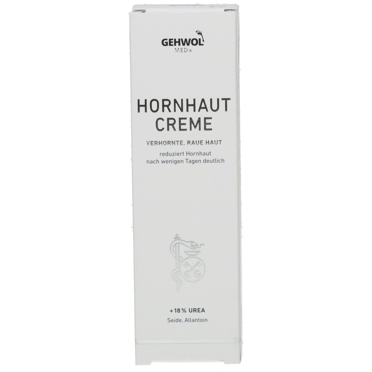 Weiße Faltschachtel. Produktname und Logo. Text: Hornhaut Creme, 18% Urea, Apotheken-Symbol.
