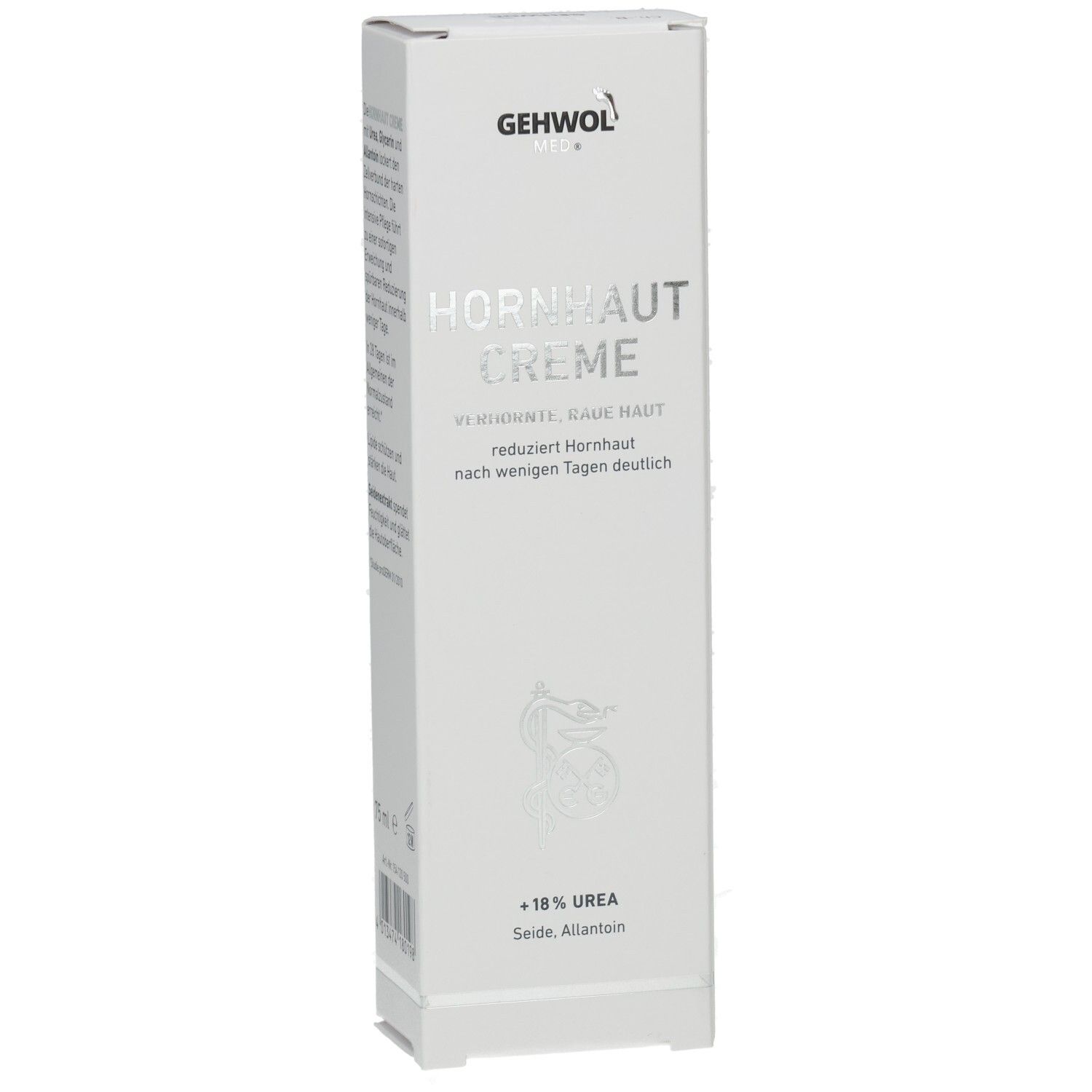 Faltschachtel, leicht schräg. Produktname und Logo. Text: Hornhaut Creme, 18% Urea, Apotheken-Symbol.