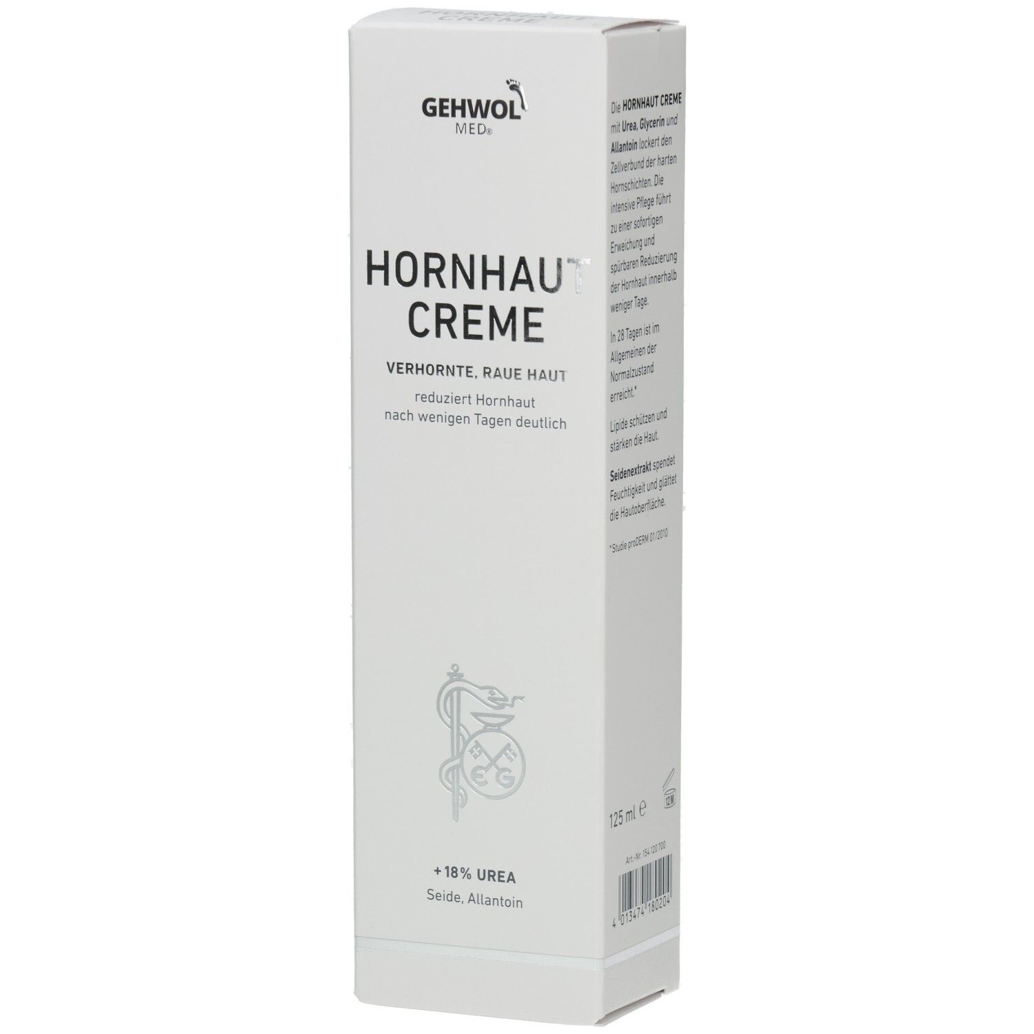 Weiße Verpackung mit Produktnamen HORNHAUT CREME. Marke GEHWOL MED. Enthält 18% Urea. Apothekenlogo.