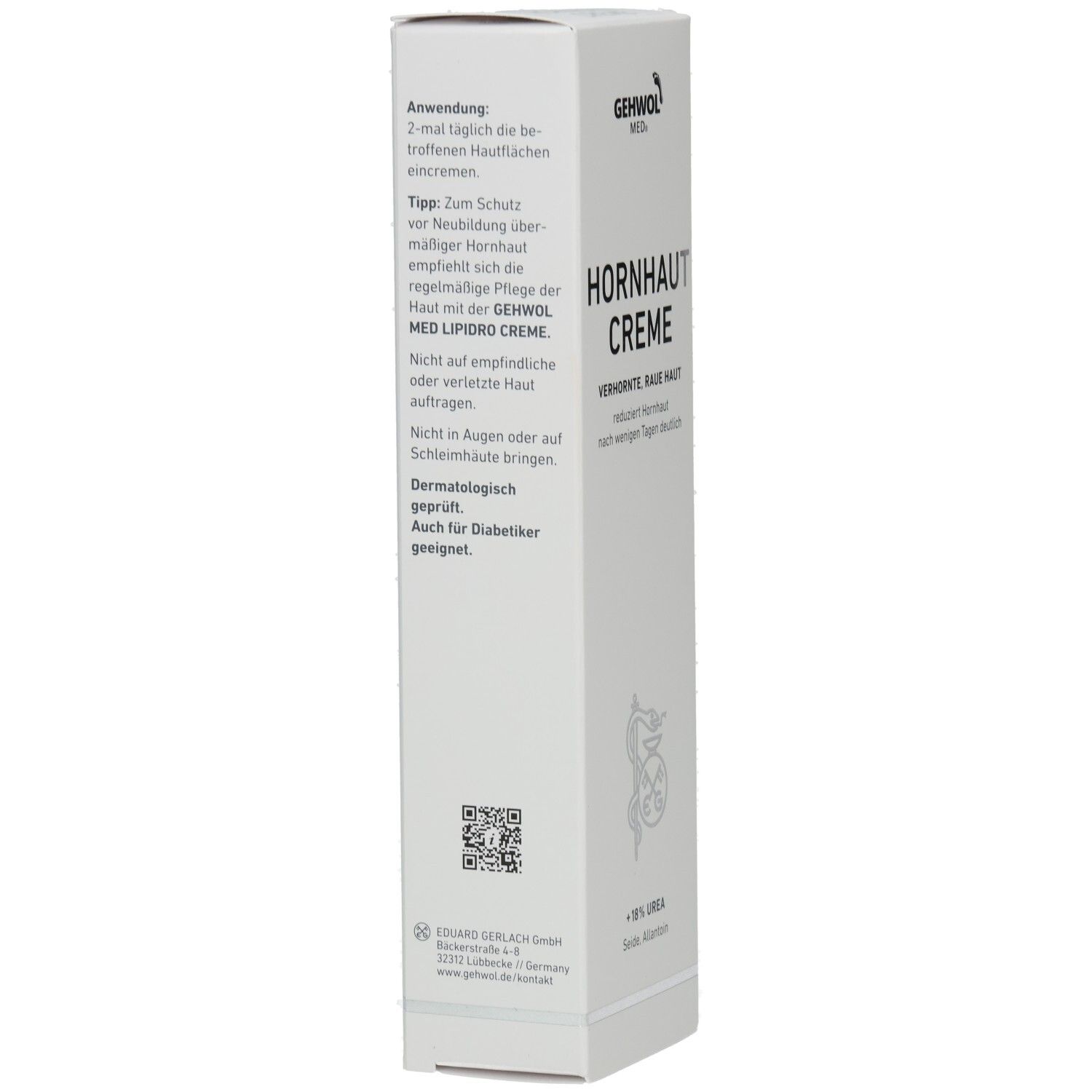 Weiße Verpackung mit Produktnamen HORNHAUT CREME. Marke GEHWOL MED. Text über Anwendung und Hinweise. Dermatologisch geprüft.