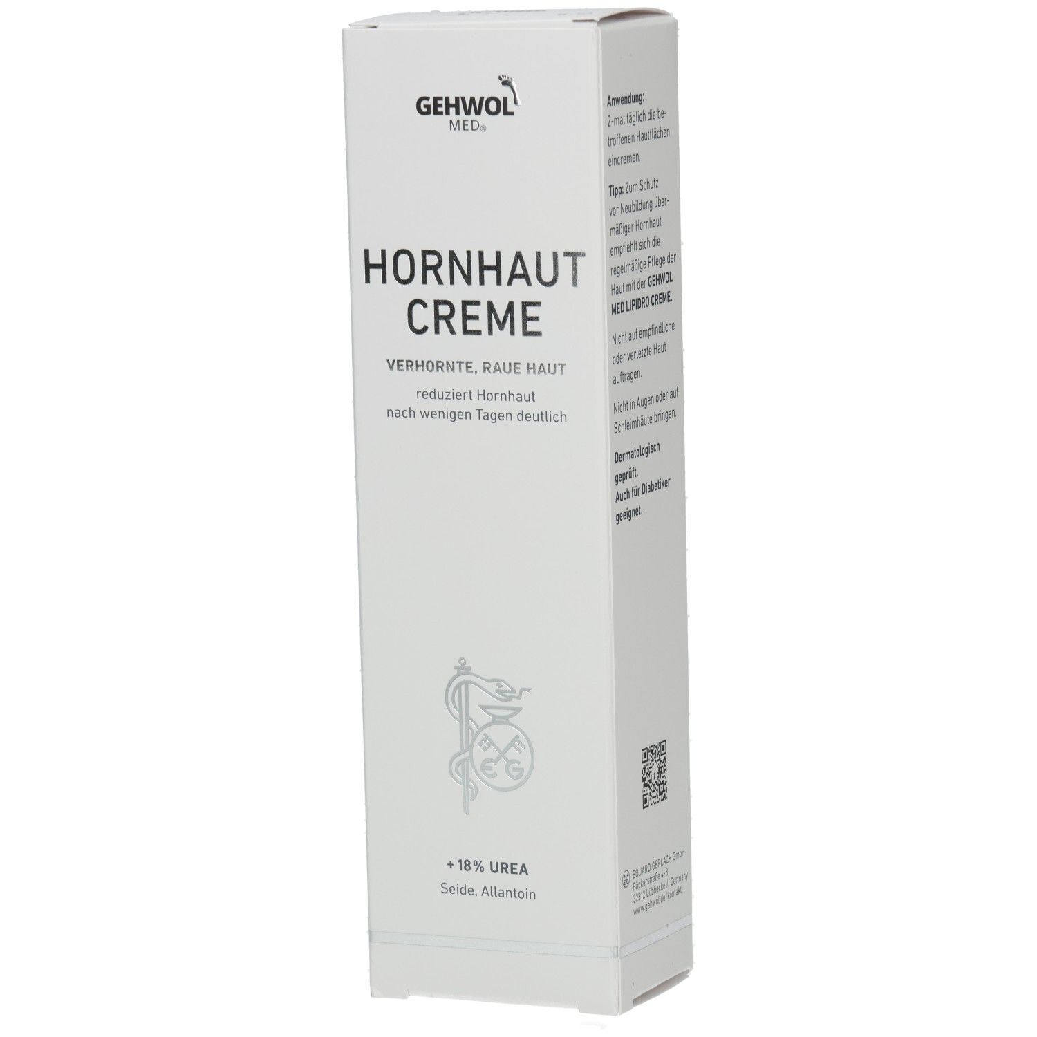 Weiße Verpackung mit Produktnamen HORNHAUT CREME. Marke GEHWOL MED. Apothekenlogo. Text über Anwendung und Hinweise.