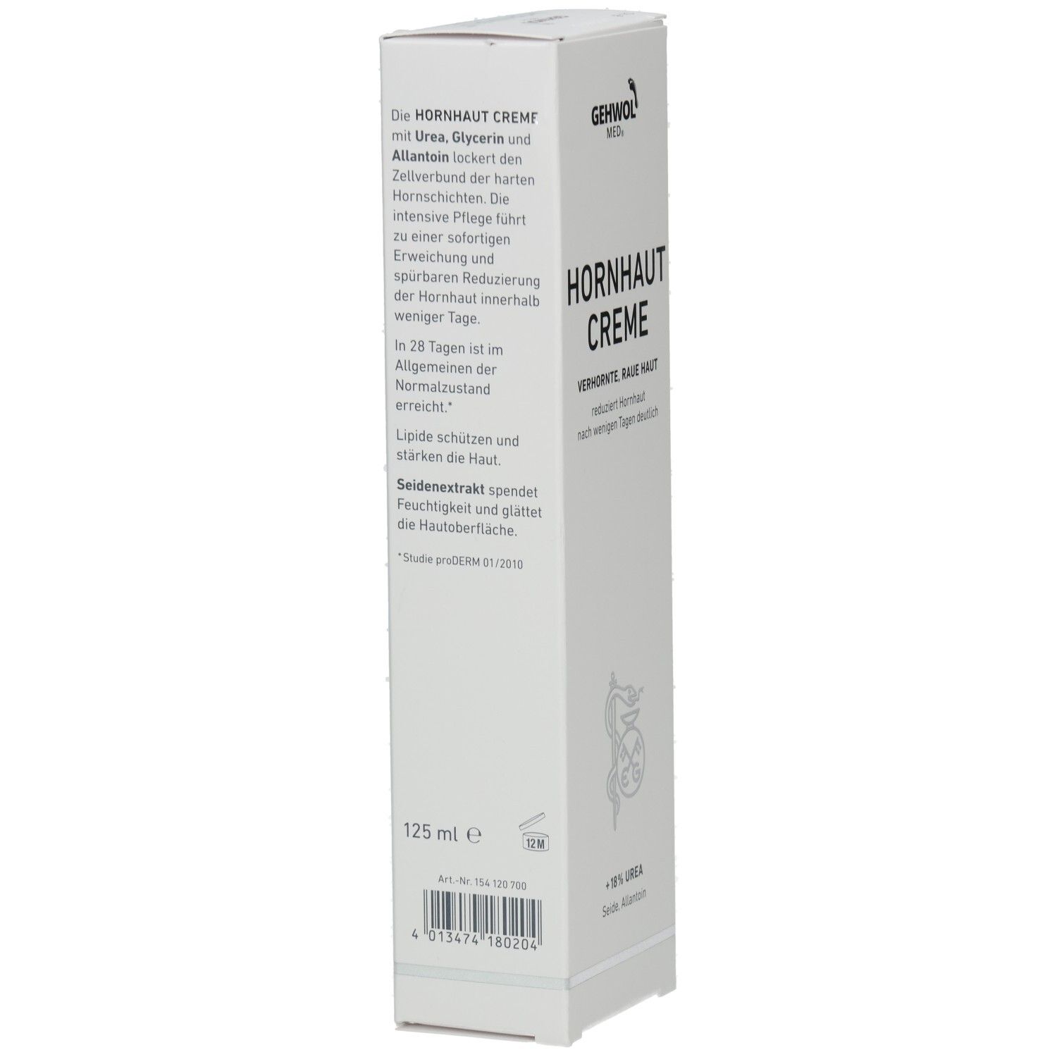 Weiße Verpackung mit Produktnamen HORNHAUT CREME. Marke GEHWOL MED. Enthält 125 ml. Text über Inhaltsstoffe und Wirkung.
