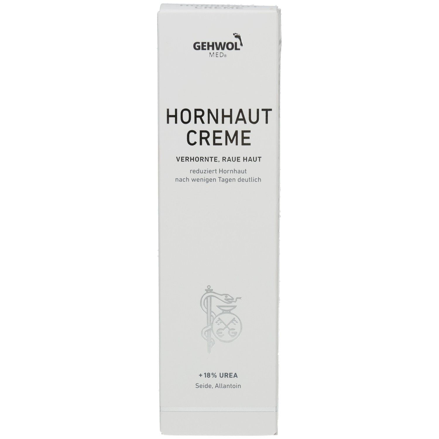 Weiße Verpackung mit Produktnamen HORNHAUT CREME. Marke GEHWOL MED. Enthält 18% Urea. Apothekenlogo.