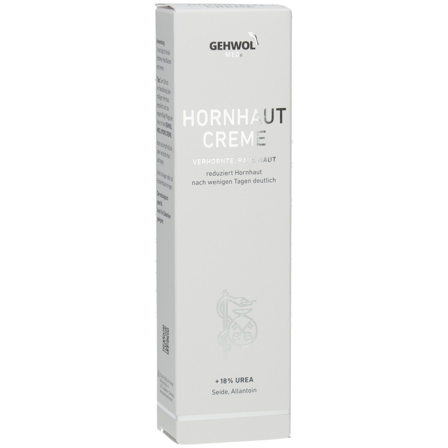 Weiße Verpackung mit Produktnamen HORNHAUT CREME. Marke GEHWOL MED. Apothekenlogo. Text über Inhaltsstoffe und Wirkung.