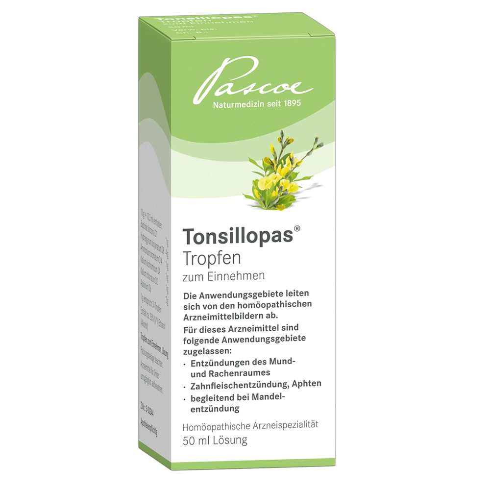 Grüne Schachtel mit Tonsillopas® Tropfen. Aufschrift: Pascoe Naturmedizin. Enthält 50 ml Lösung.