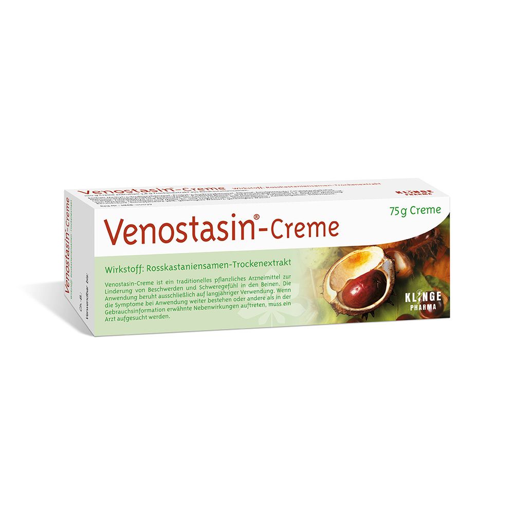Schachtel Venostasin-Creme. Aufschrift: Venostasin-Creme, 75g Creme. Abbildung von Rosskastanie.