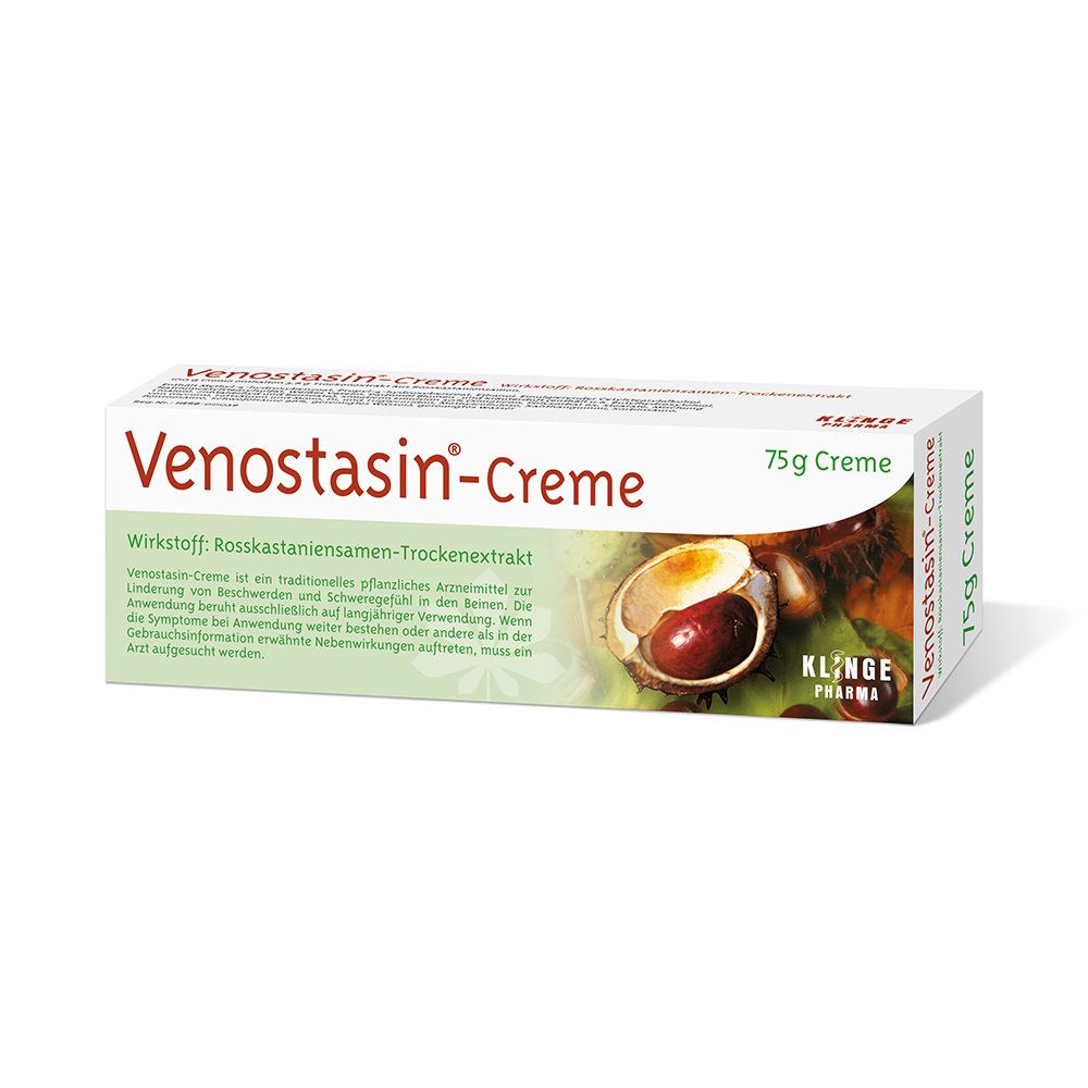 Schachtel Venostasin-Creme. Aufschrift: Venostasin-Creme, 75g Creme. Abbildung von Rosskastanie.