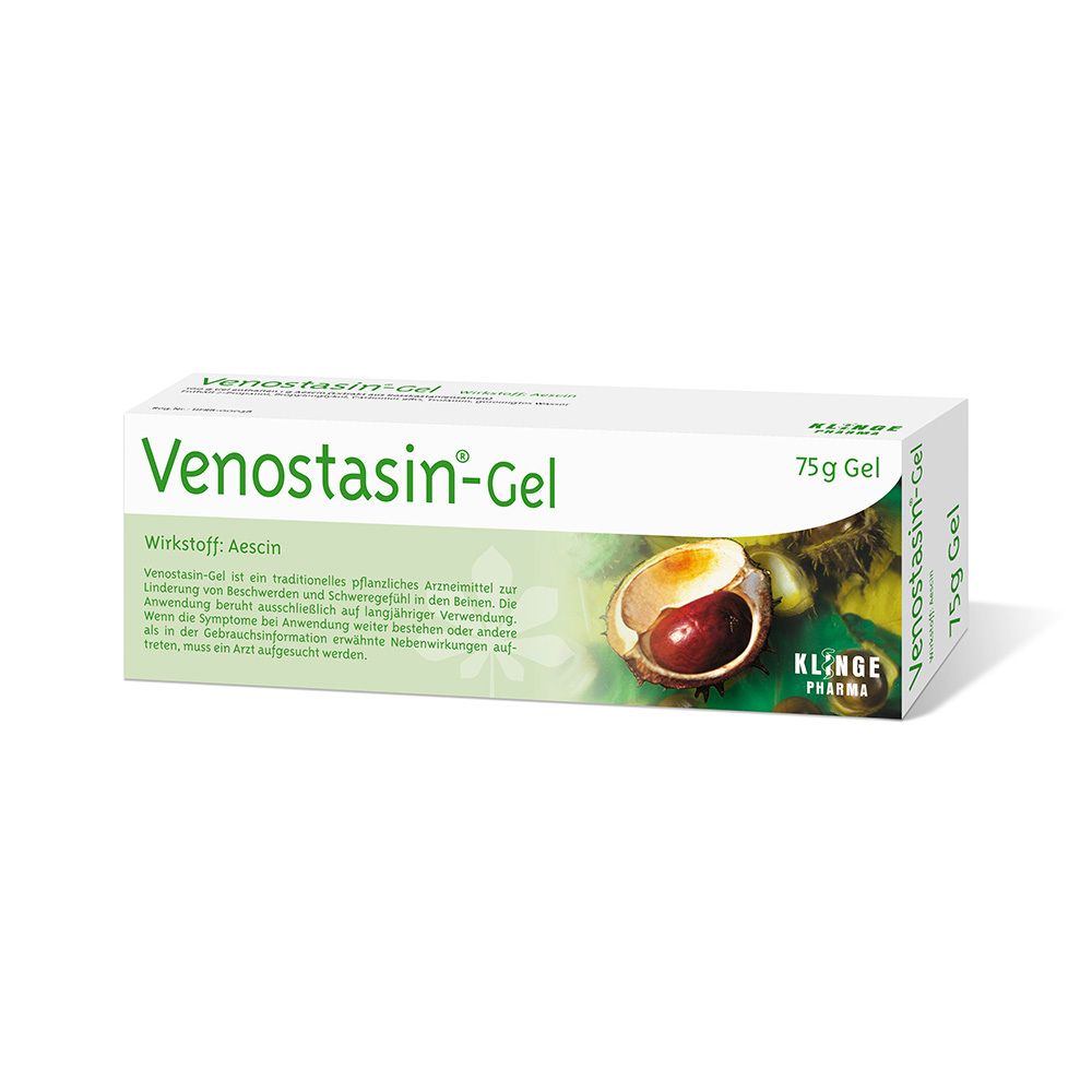 Weißer Karton mit Produktnamen Venostasin-Gel®. Aufdruck: 75g Gel. Abbildung von Rosskastanie. Marke: Klinge Pharma.