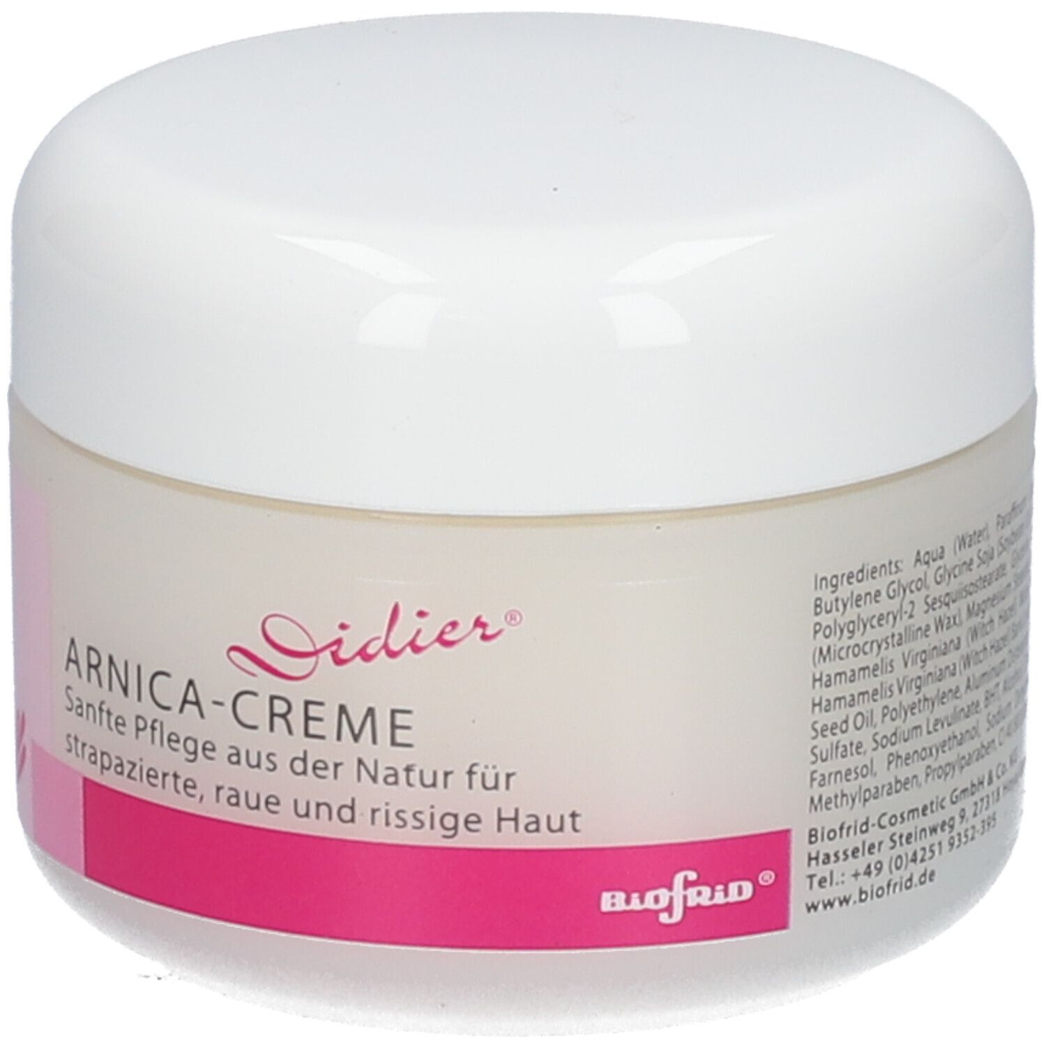 Weißes Tiegel mit rosa Etikett. Aufschrift: ARNICA-CREME. Text und Logo.