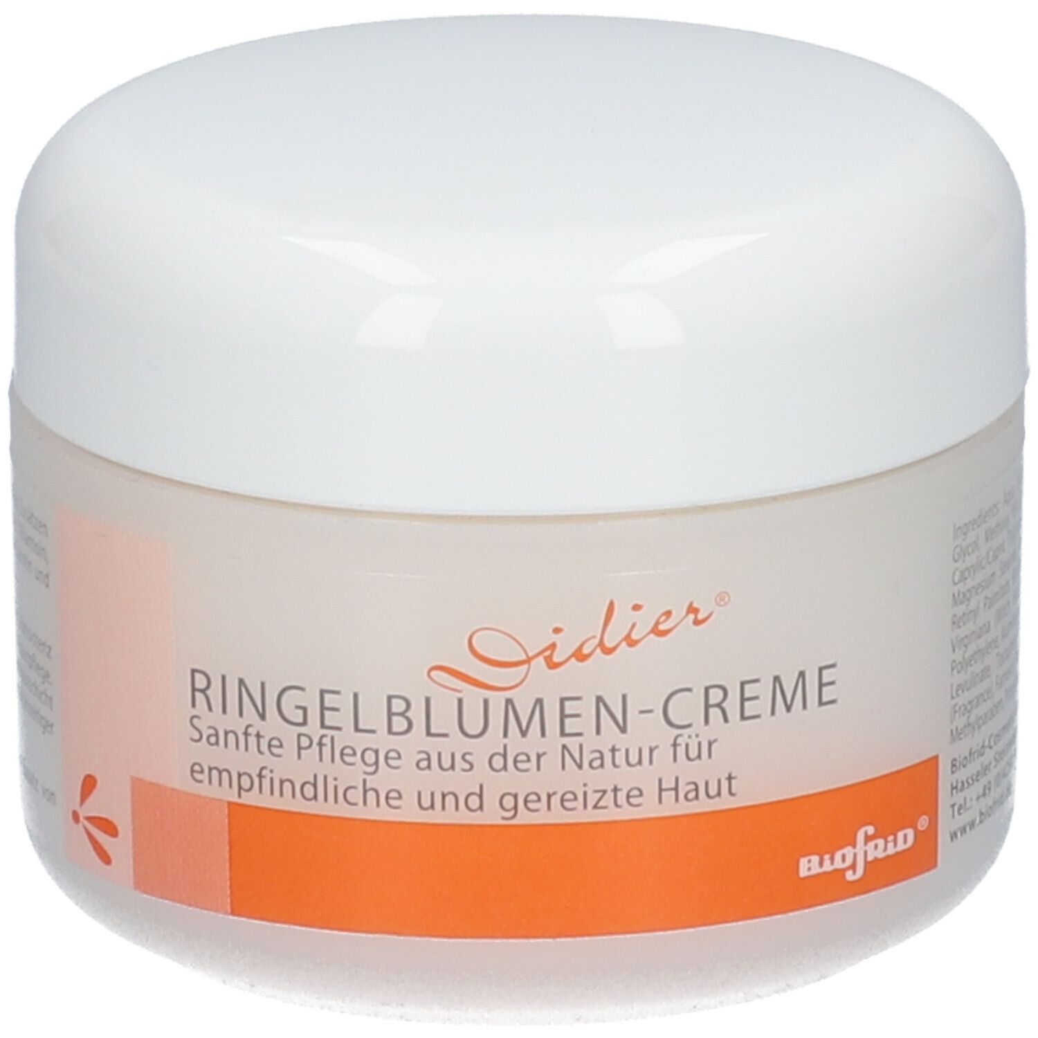 Creme-Tiegel mit weißem Deckel. Aufschrift: Ringelblumen-Creme, Biofrid. Orangefarbener Hintergrund.