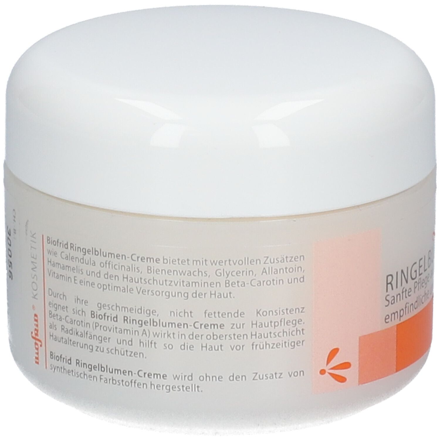 Creme-Tiegel mit weißem Deckel. Text auf der Rückseite: Biofrid Ringelblumen-Creme. Orangefarbene Details.