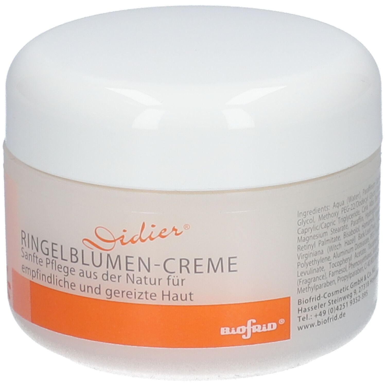 Creme-Tiegel mit weißem Deckel. Aufschrift: Ringelblumen-Creme, Biofrid. Text mit Inhaltsstoffen.