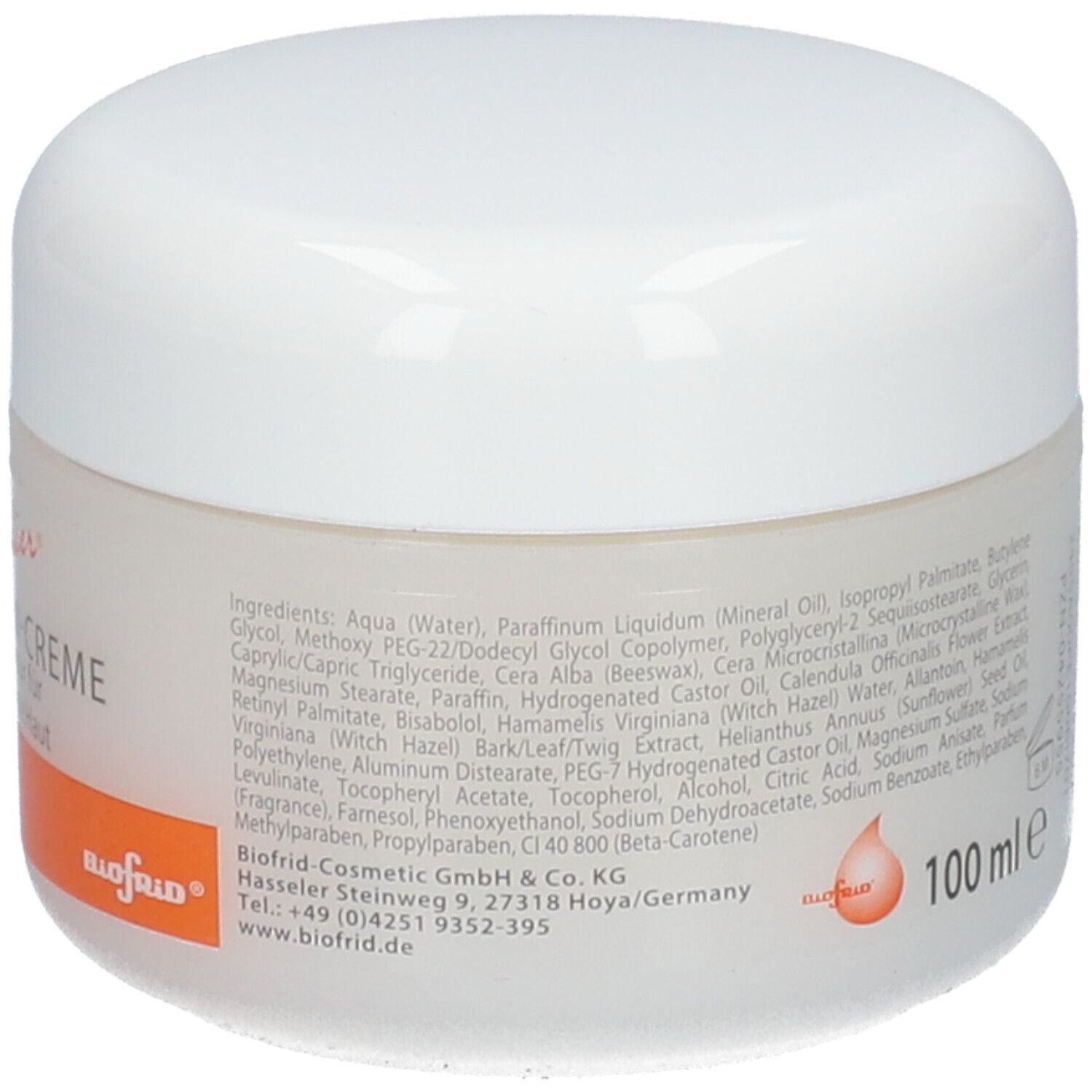Creme-Tiegel mit weißem Deckel. Aufschrift: 100 ml. Text mit Inhaltsstoffen und Biofrid-Logo.