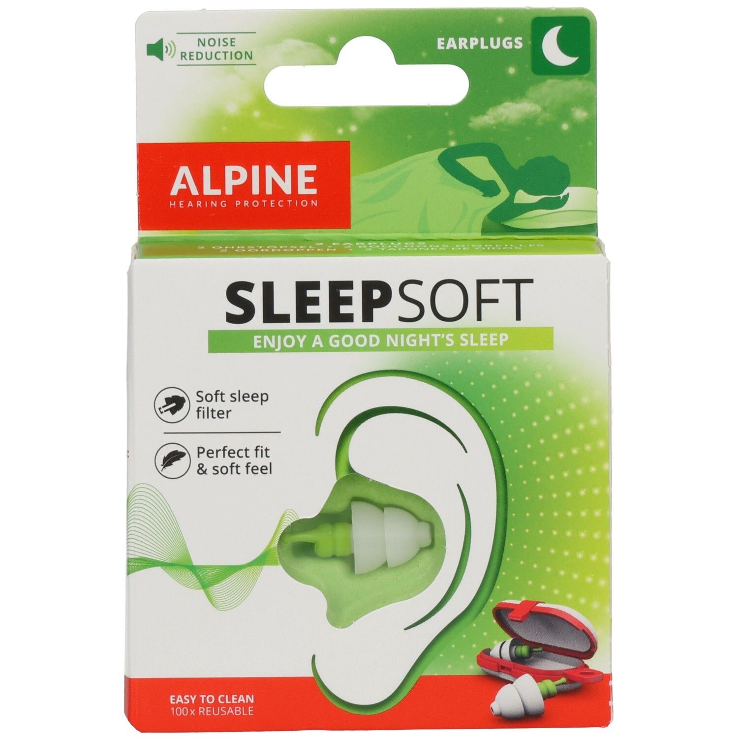 Verpackung mit Ohrstöpseln. Marke ALPINE. Text: SLEEPSOFT. Abbildung eines Ohrs mit Ohrstöpseln. Grün-weiße Ohrstöpsel in roter Transportbox.