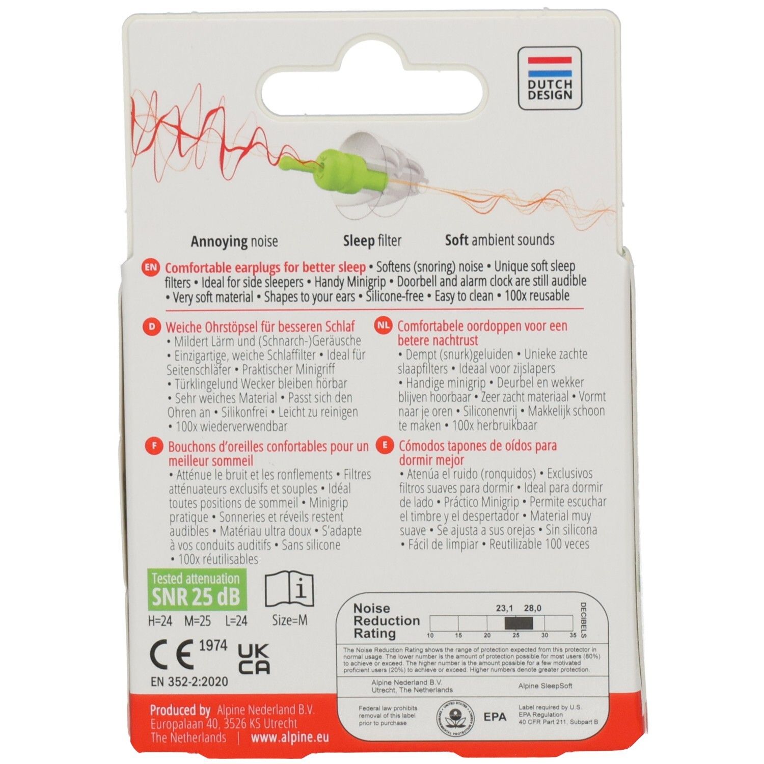 Rückseite der Verpackung. Text: ALPINE. Text: SNR 25 dB. Text: EN 352-2:2020. Text: Dutch Design. Informationen zu den Ohrstöpseln.