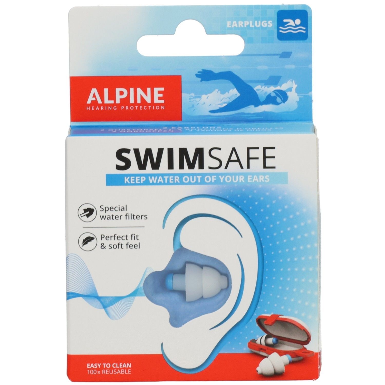 Verpackung mit Ohrstöpseln. Text: ALPINE, SWIMSAFE, Special water filters, Perfect fit & soft feel. Abbildung eines Ohrs mit Ohrstöpsel.