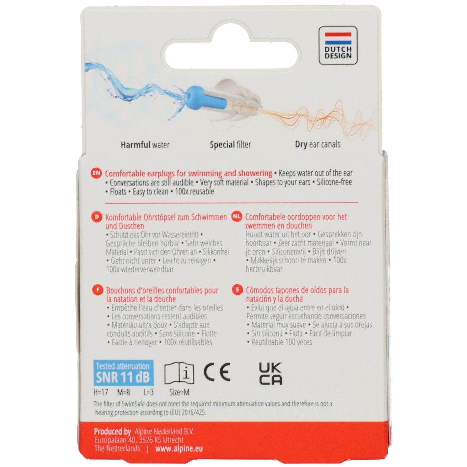 Rückseite der Verpackung. Text: Comfortable earplugs for swimming and showering. SNR 11 dB. CE-Kennzeichnung. Dutch Design.