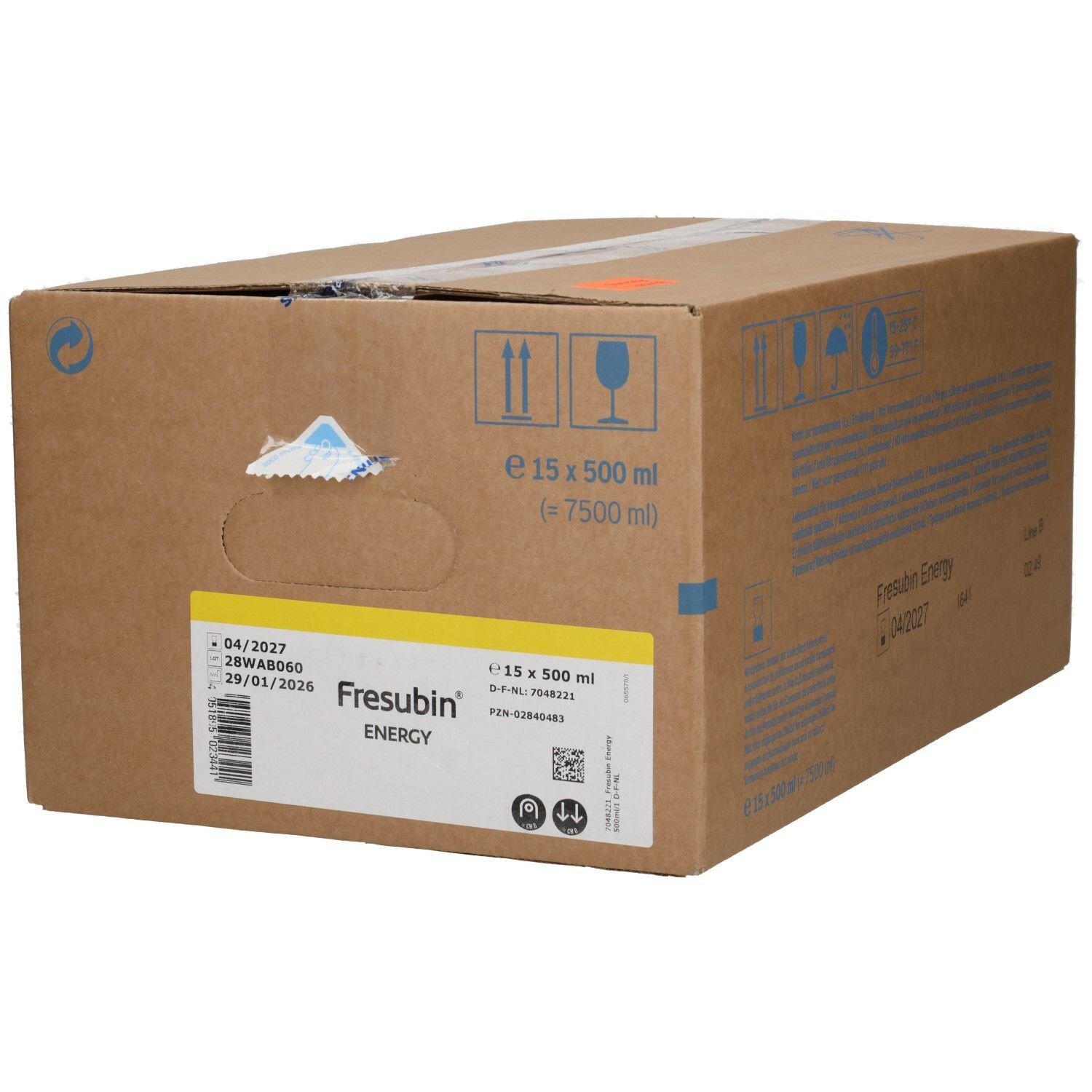 Kartonverpackung mit 15 x 500 ml Fresubin Energy Flaschen.