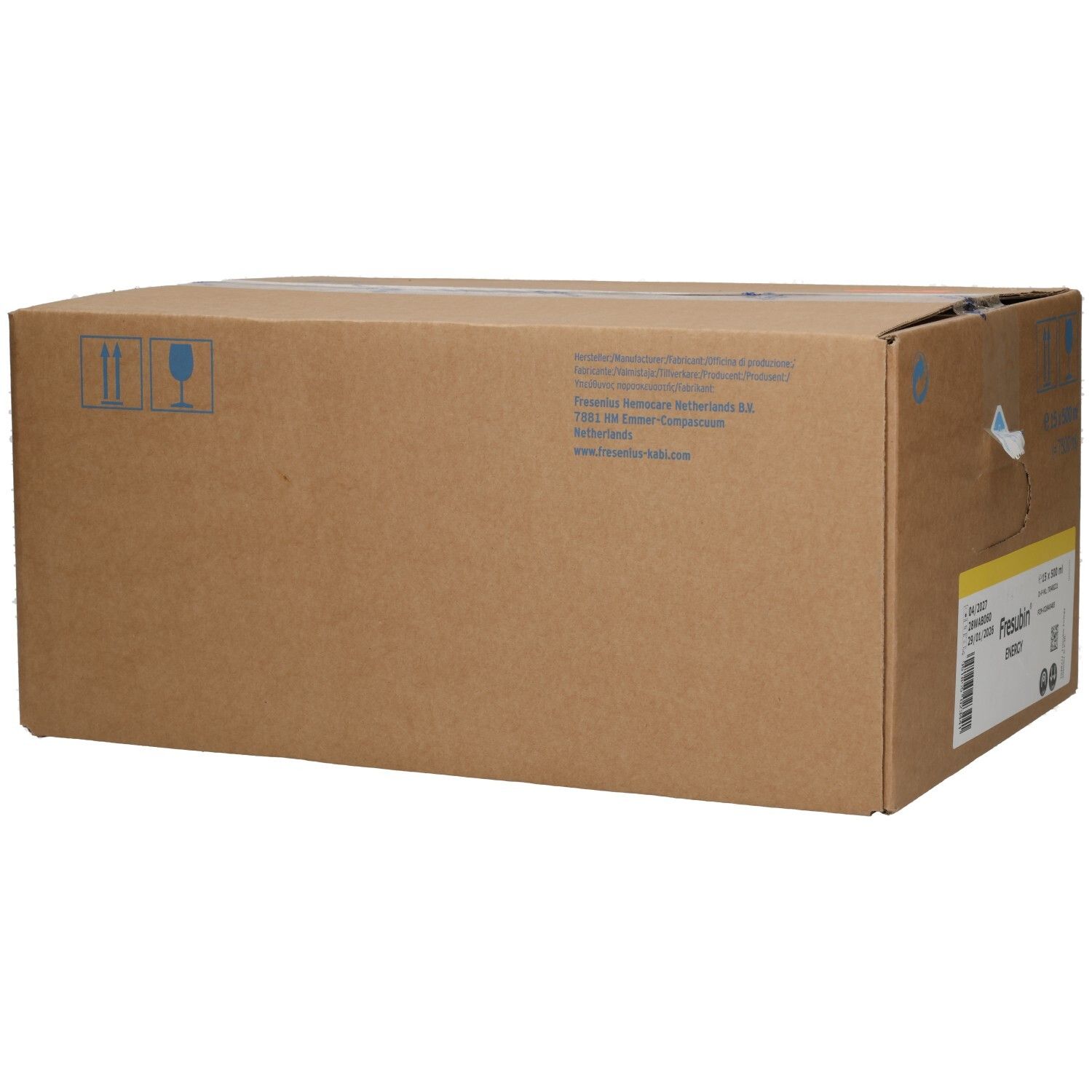 Kartonverpackung mit 15 x 500 ml Fresubin Energy Flaschen, Rückansicht.