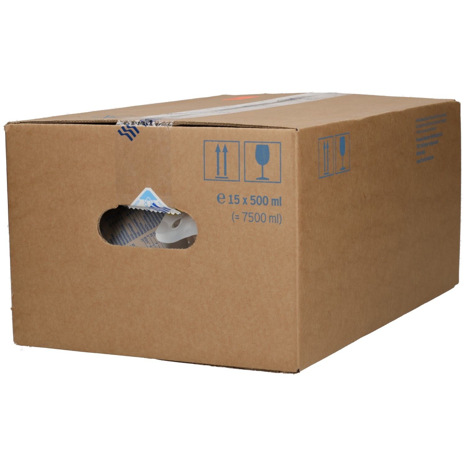 Kartonverpackung mit 15 x 500 ml Fresubin Energy Flaschen, Seitenansicht mit Griffloch.